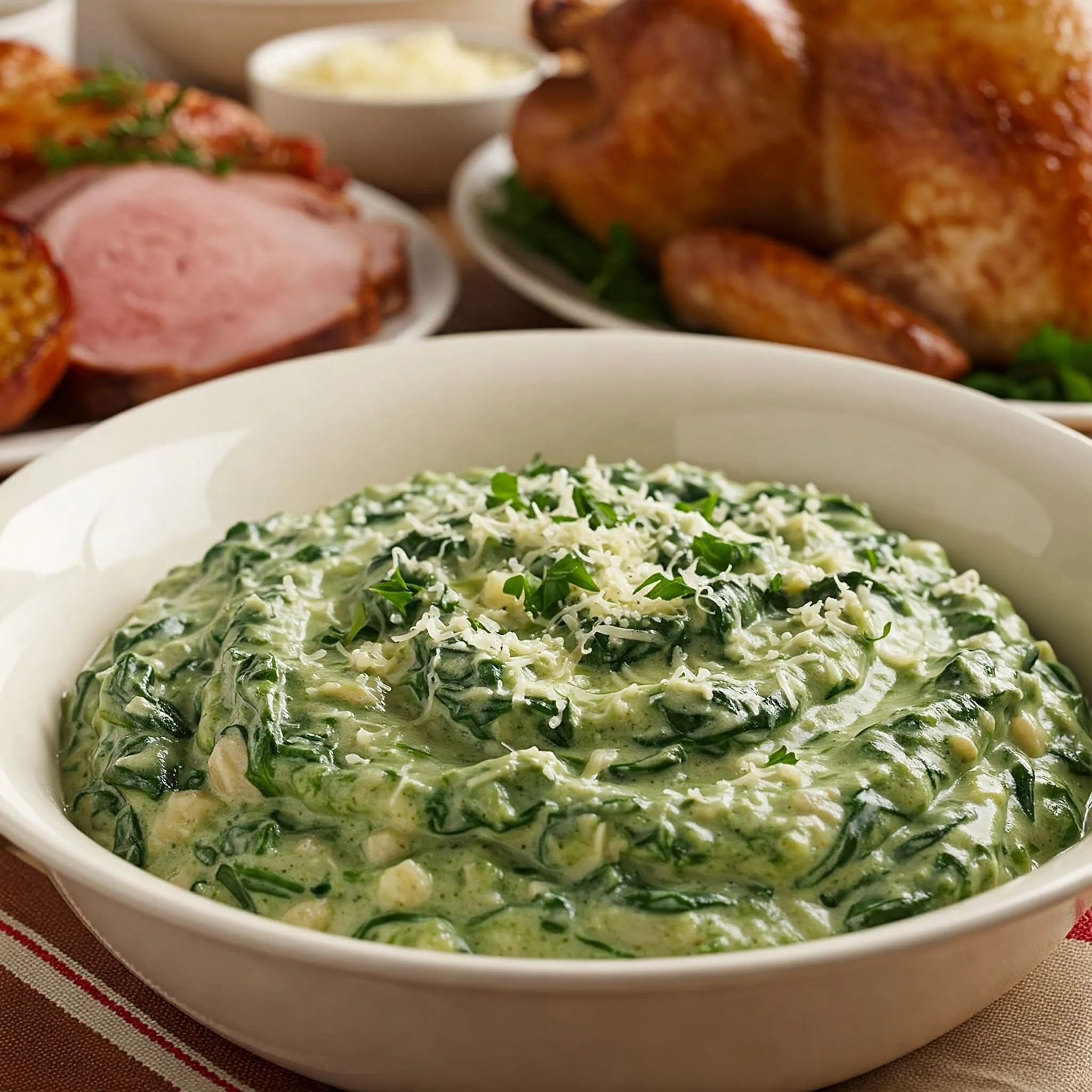 Homemade creamed spinach with creamy texture, topped with Parmesan cheese and fresh herbs, perfect for any meal.