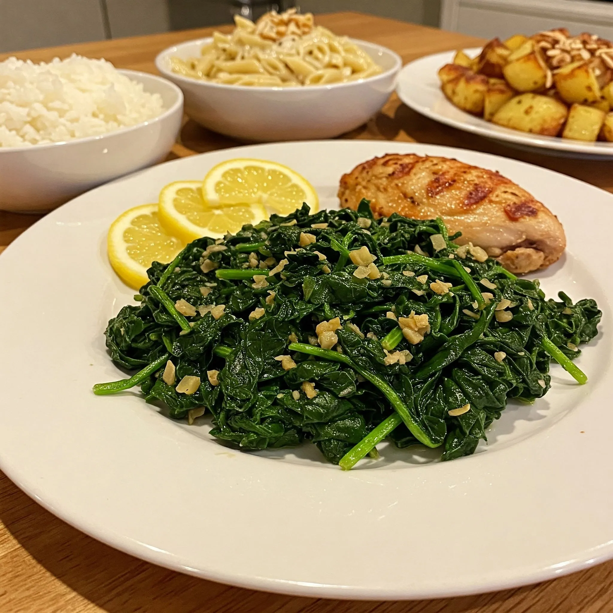 Sauteed spinach served with rice, pasta, grilled chicken, and roasted potatoes for a balanced meal.