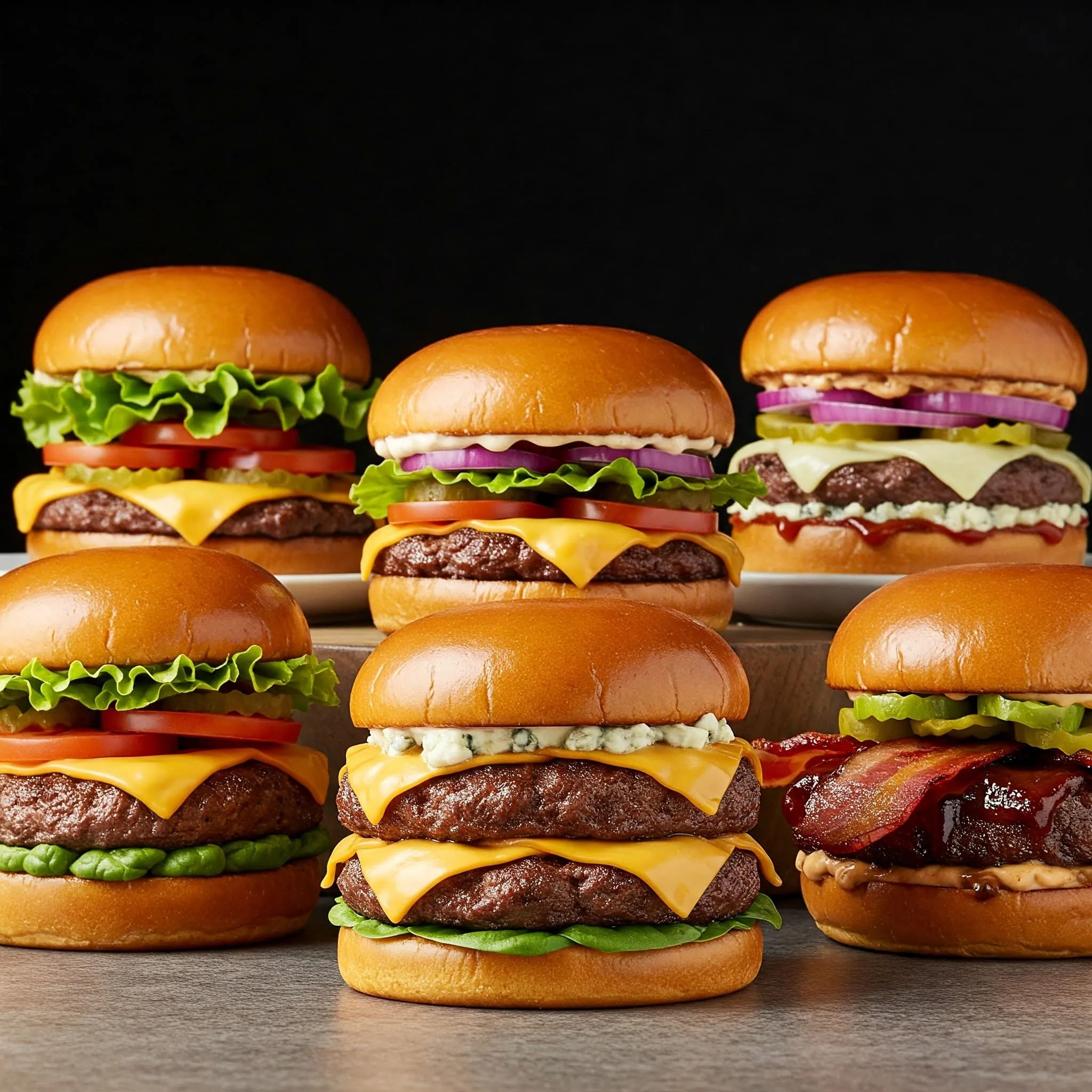 A variety of delicious burgers, including classic cheeseburgers, gourmet Wagyu burgers, and plant-based Beyond Meat burgers with fresh, creative toppings.