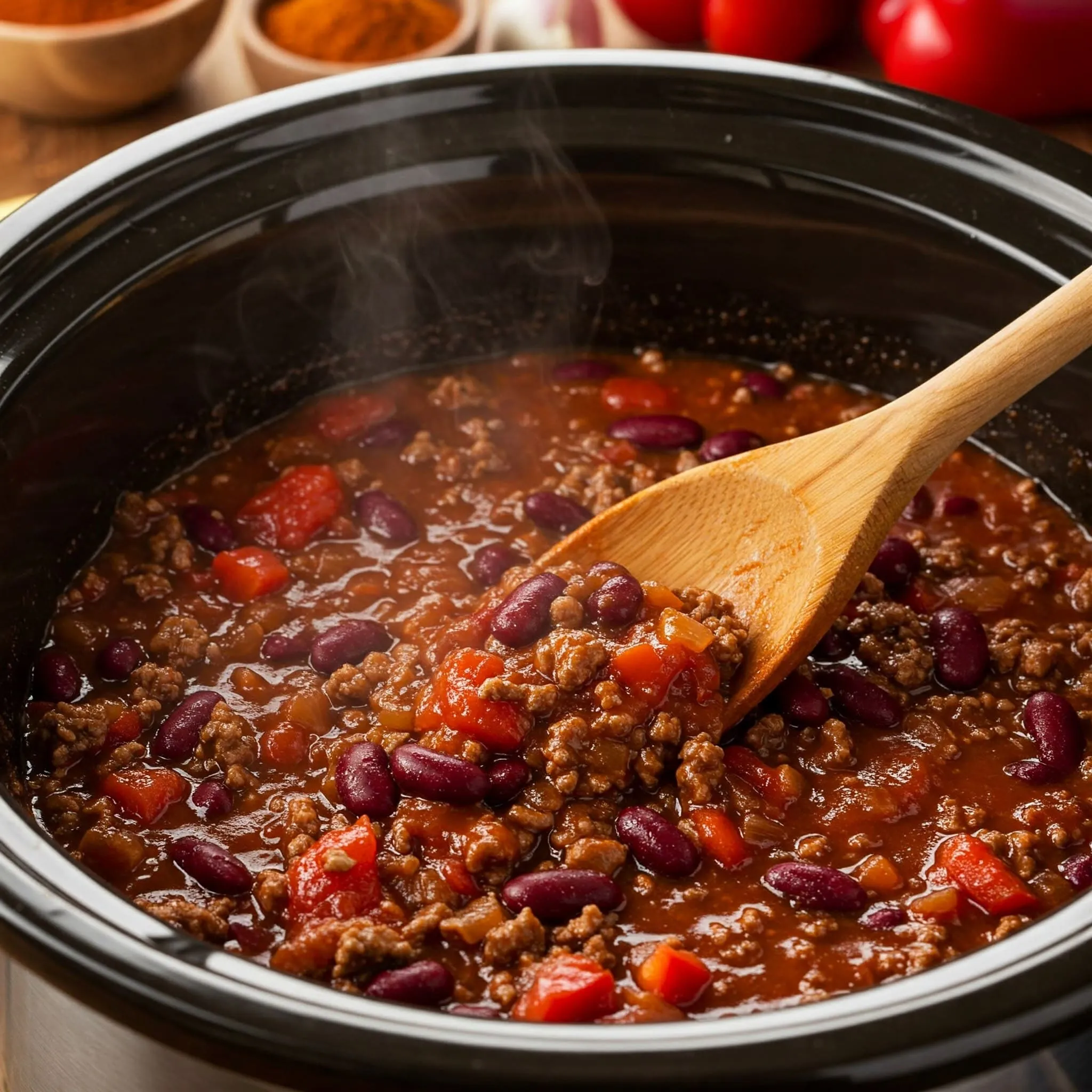 A Crock Pot filled with simmering chili, with steam rising and a wooden spoon resting on the side.