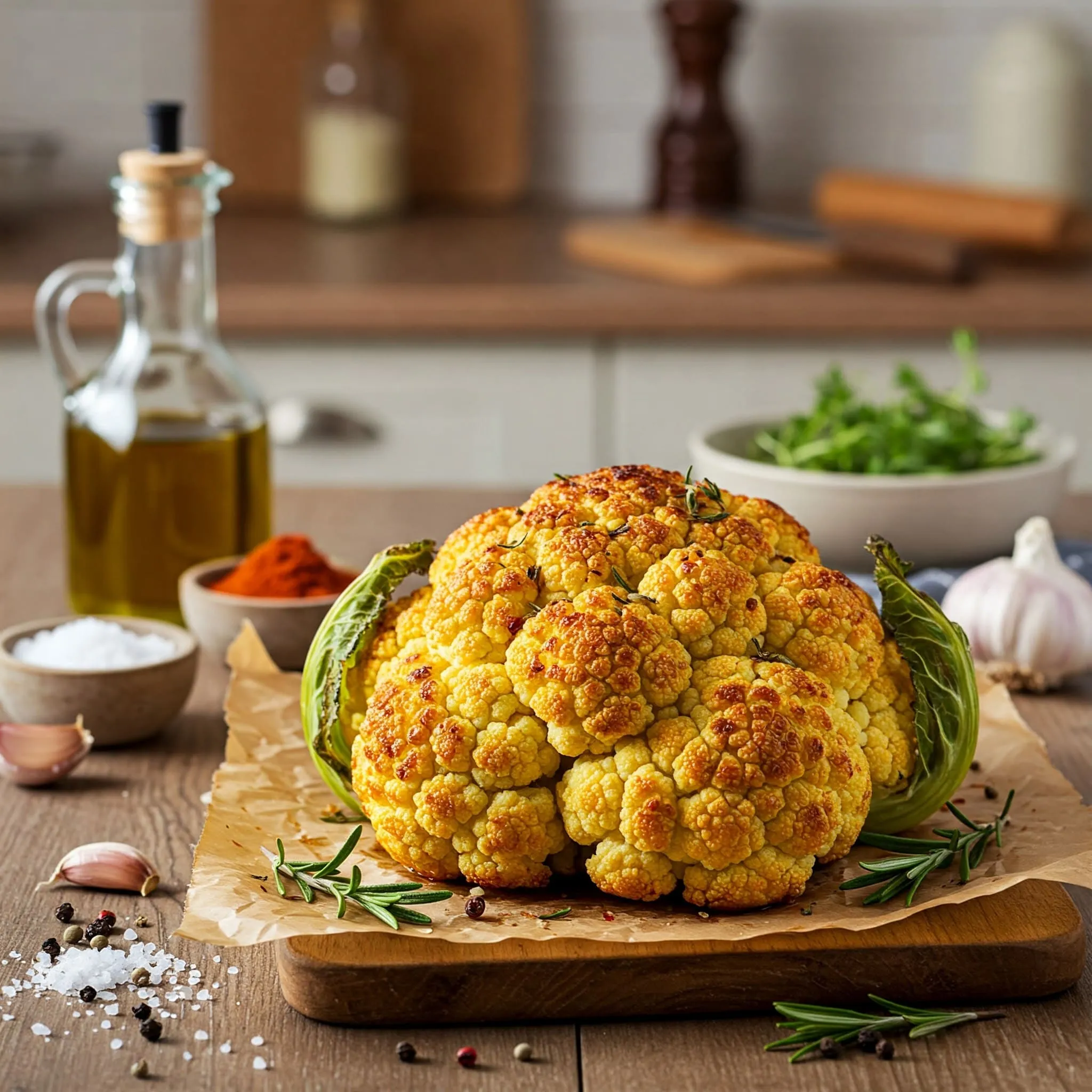 Golden-brown roasted cauliflower with crispy edges, surrounded by simple ingredients like olive oil, garlic, and herbs, perfect for beginner cooks.

