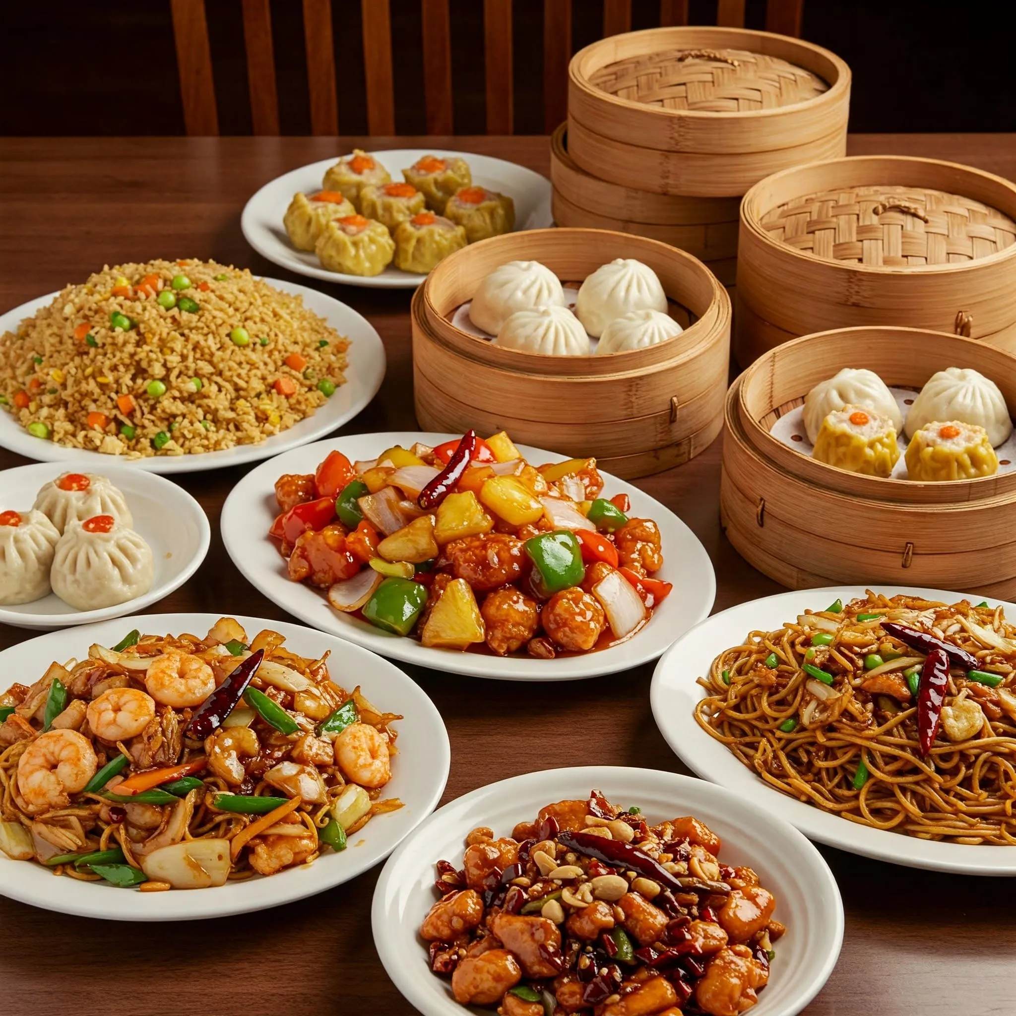 A vibrant assortment of popular Chinese dishes, including dim sum, sweet and sour chicken, kung pao chicken, fried rice, and chow mein, served on a traditional wooden table.

