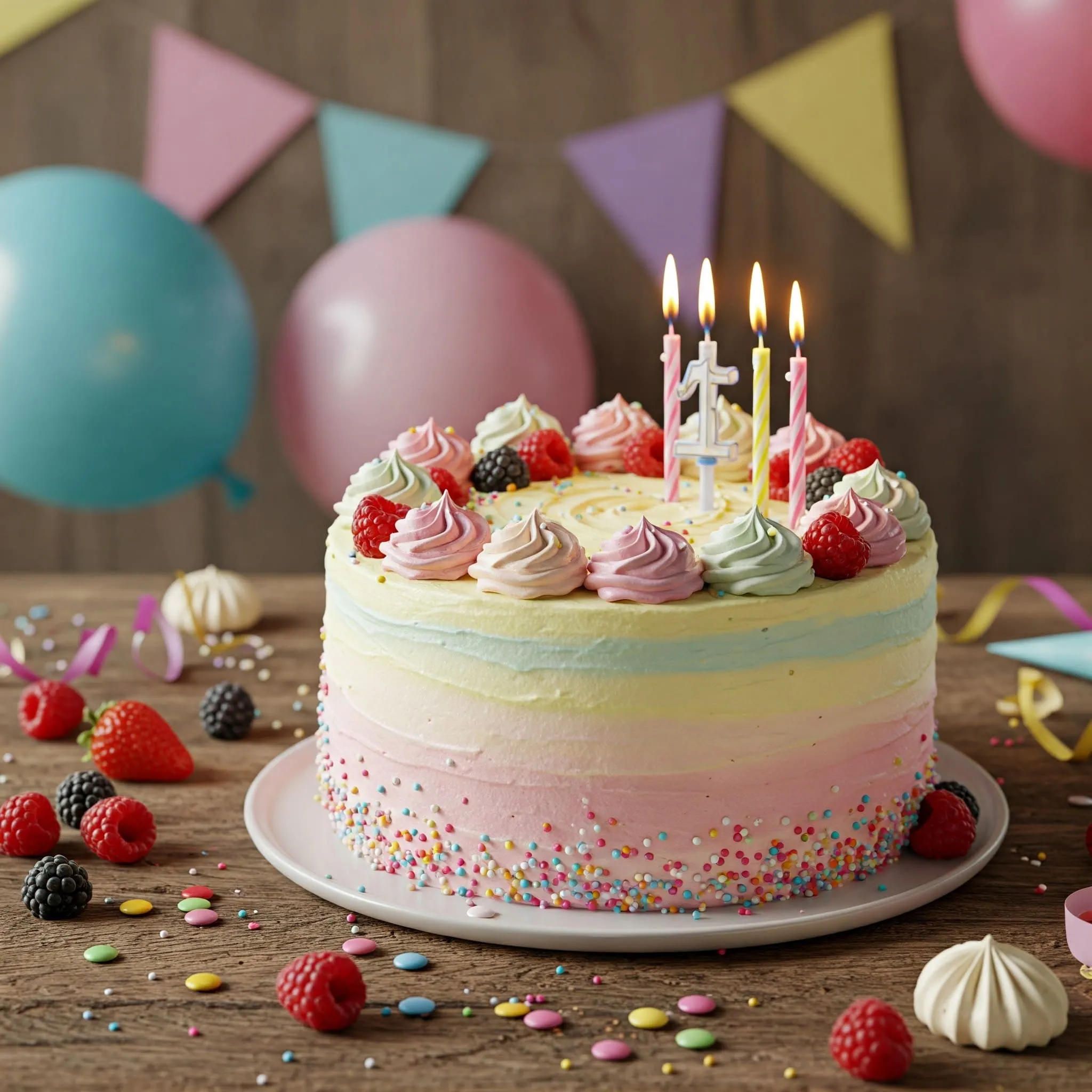 Colorful birthday cake with buttercream frosting, fresh berries, and candles on a wooden table with festive decorations.