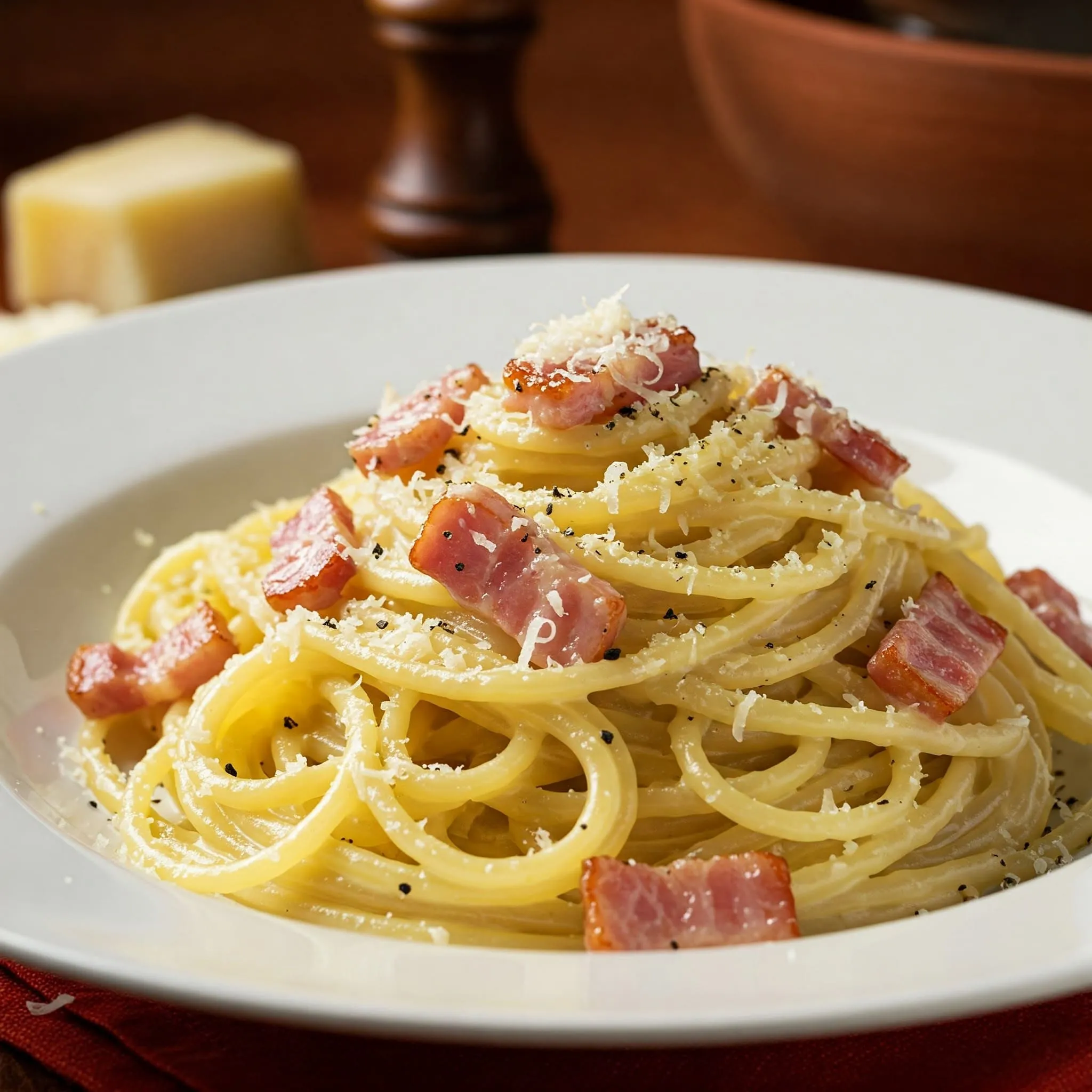 Authentic Carbonara pasta with creamy sauce, guanciale, Pecorino Romano cheese, and freshly ground black pepper.