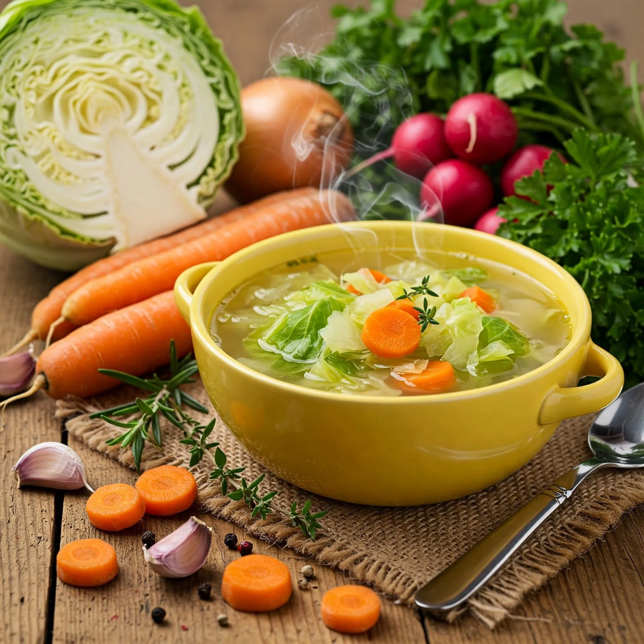 Hearty and nutritious cabbage soup with fresh vegetables like carrots and onions, surrounded by healthy ingredients on a rustic wooden table.