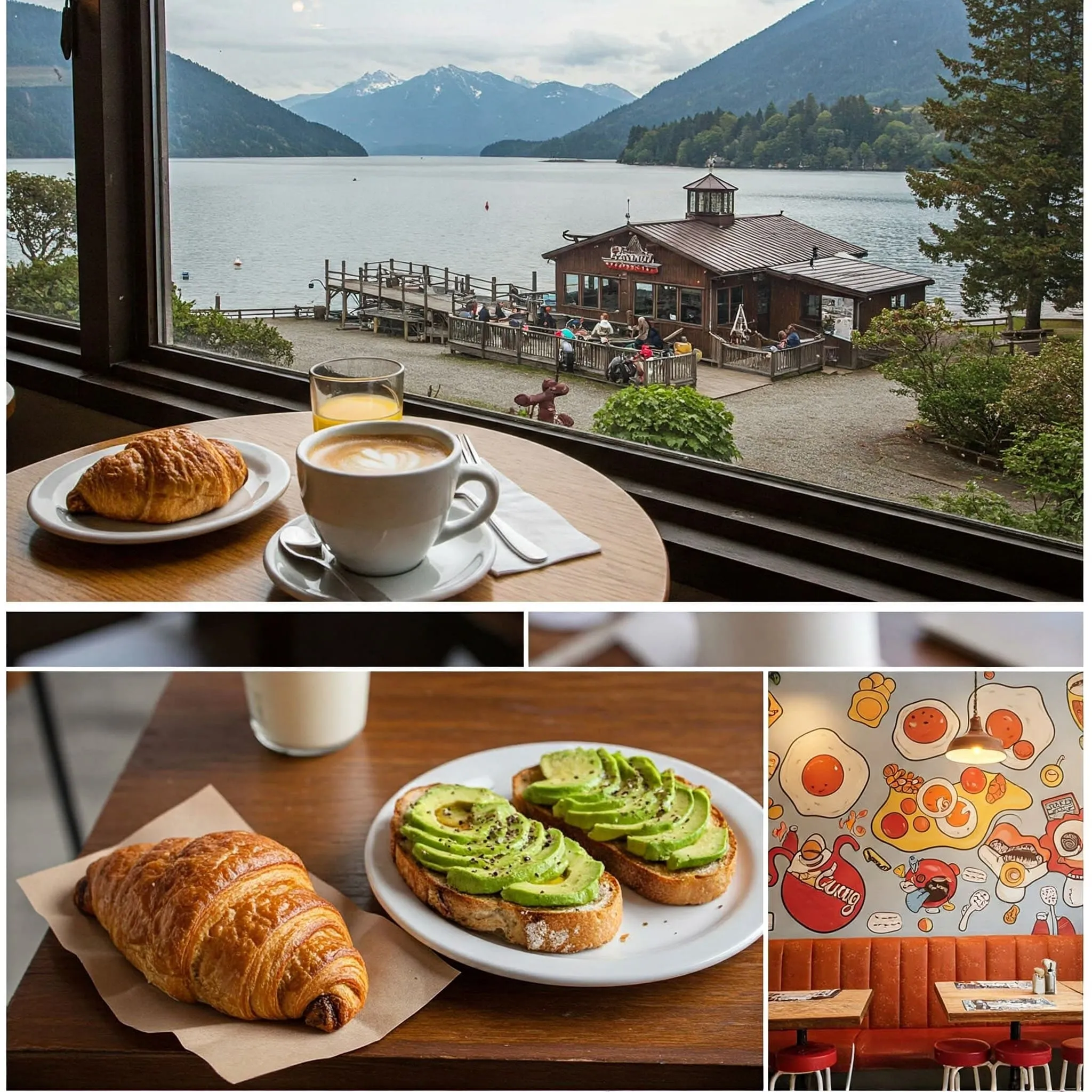 Cozy cafe breakfast with coffee, pastries, avocado toast, and a scenic view from a rooftop or waterfront diner.

