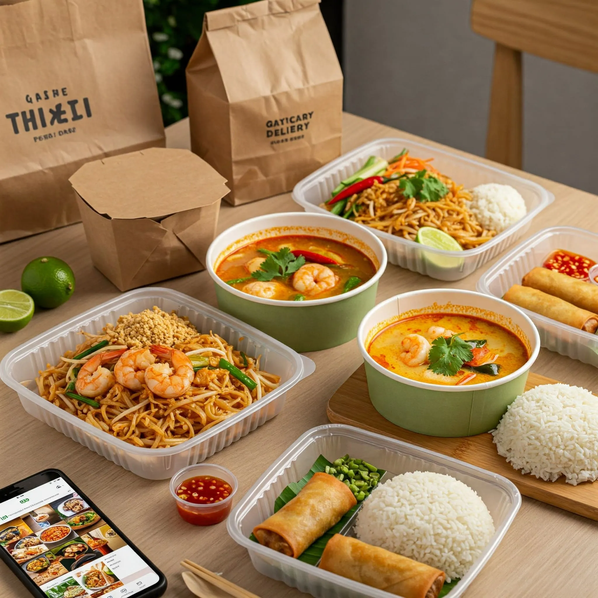 A variety of popular Thai takeout dishes neatly arranged on a table, including Pad Thai, Tom Yum Soup, Green Curry, and Thai Spring Rolls.