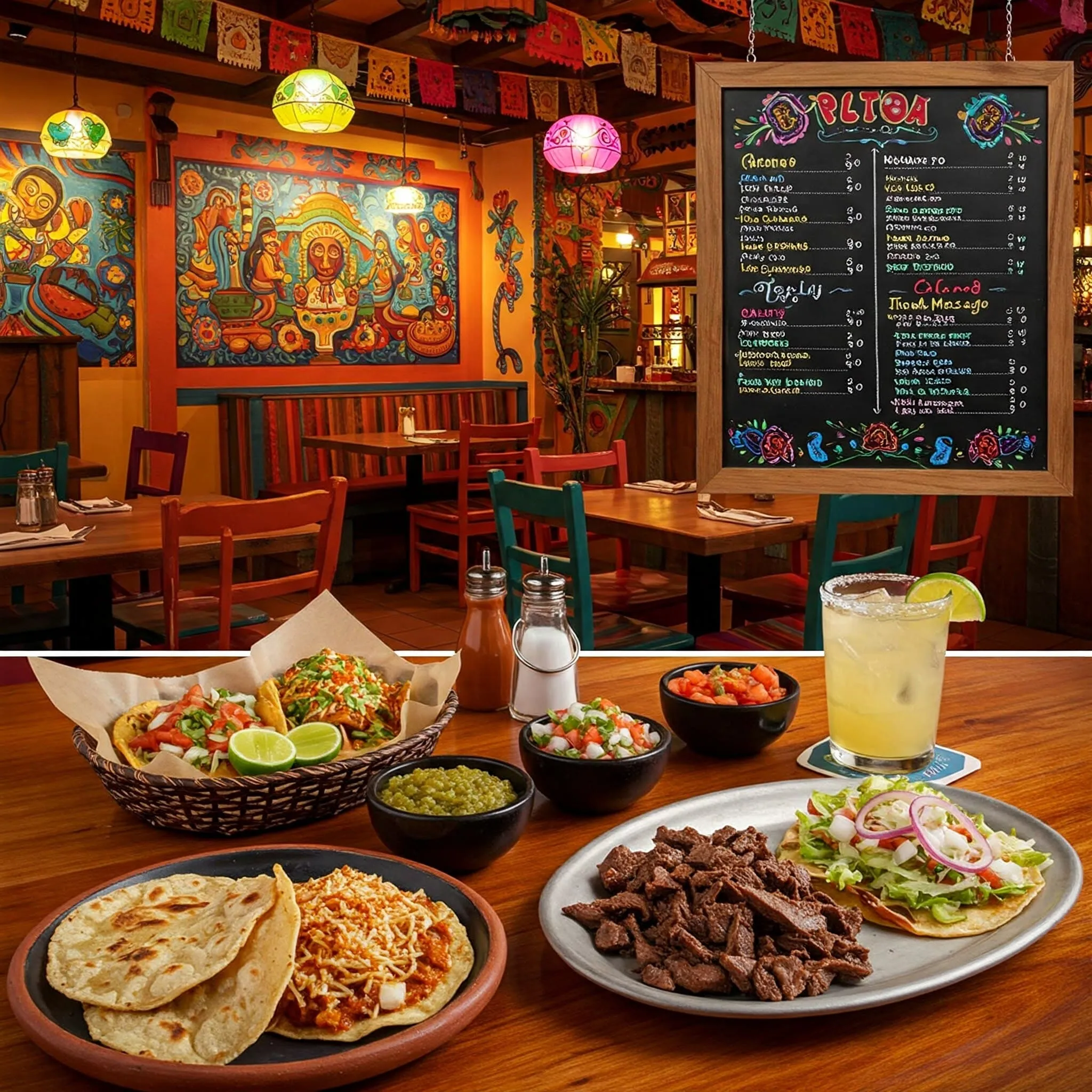 Cozy Mexican restaurant with authentic dishes like carne asada, mole enchiladas, and margaritas served in a vibrant, colorful atmosphere.