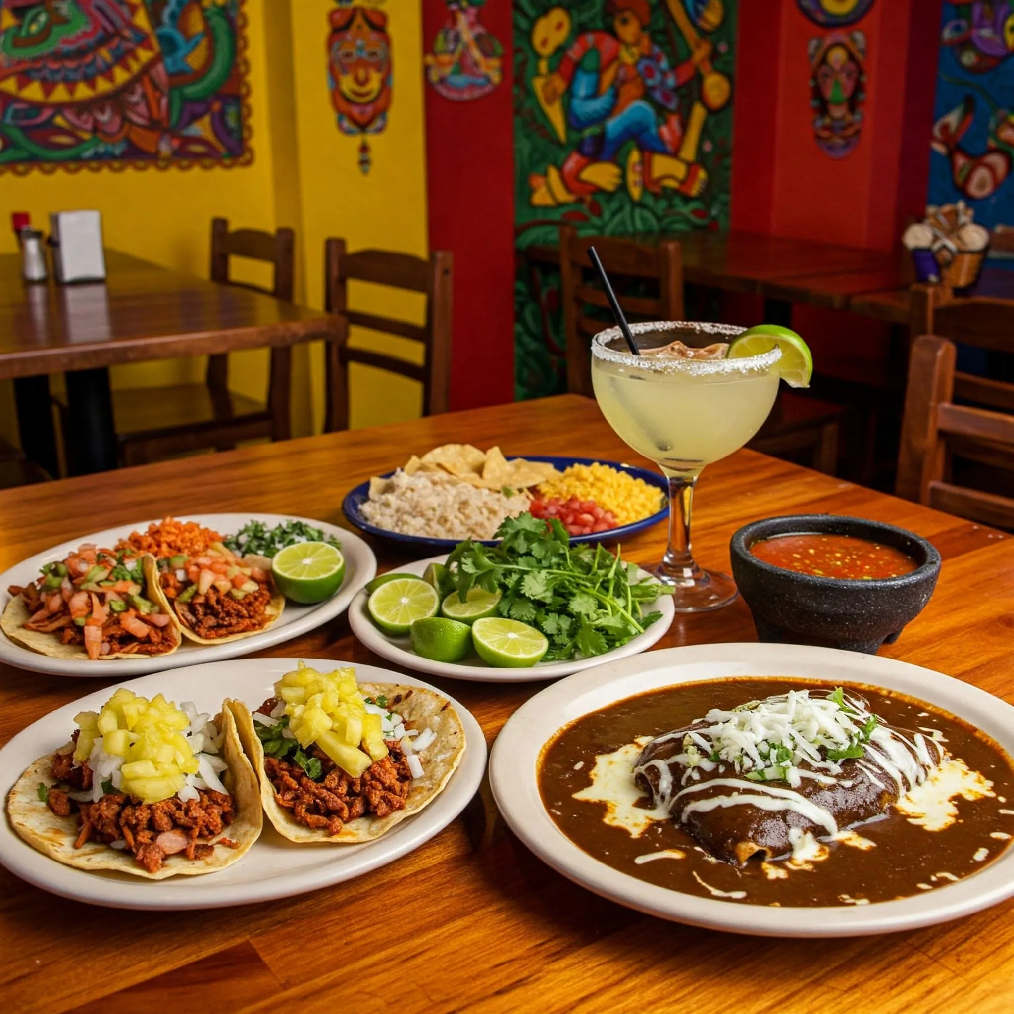 Mexican Food Restaurants Near Me : Authentic Mexican dishes served in a cozy taqueria with tacos al pastor, enchiladas, and margaritas.