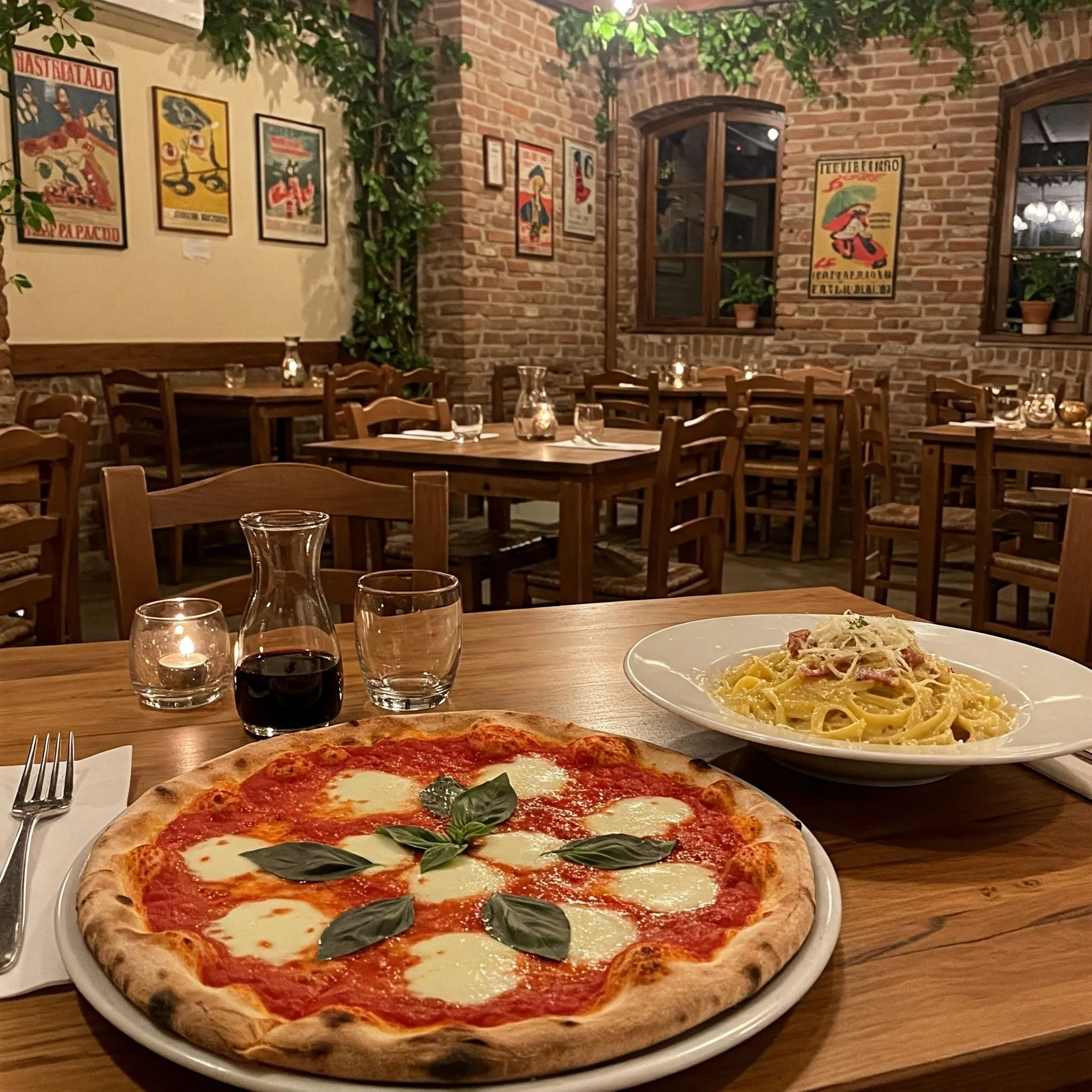 restaurant italien near me  Cozy, authentic Italian restaurant interior with pizza and pasta dishes on wooden tables, traditional Italian decor.