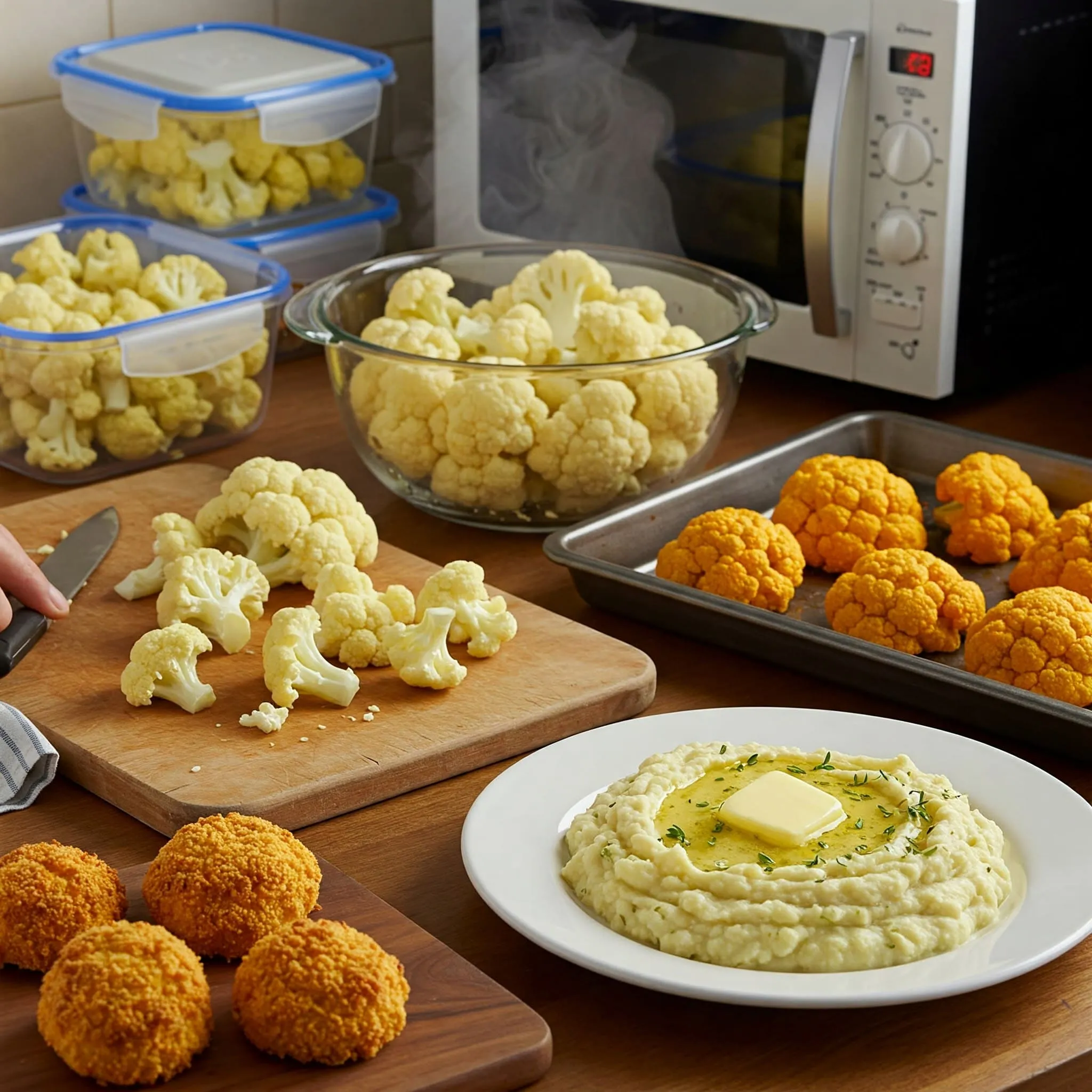 A vibrant kitchen scene with various cauliflower preparations, including chopped florets, steamed cauliflower, roasted cauliflower, mashed cauliflower, and cauliflower bites for meal prep.

