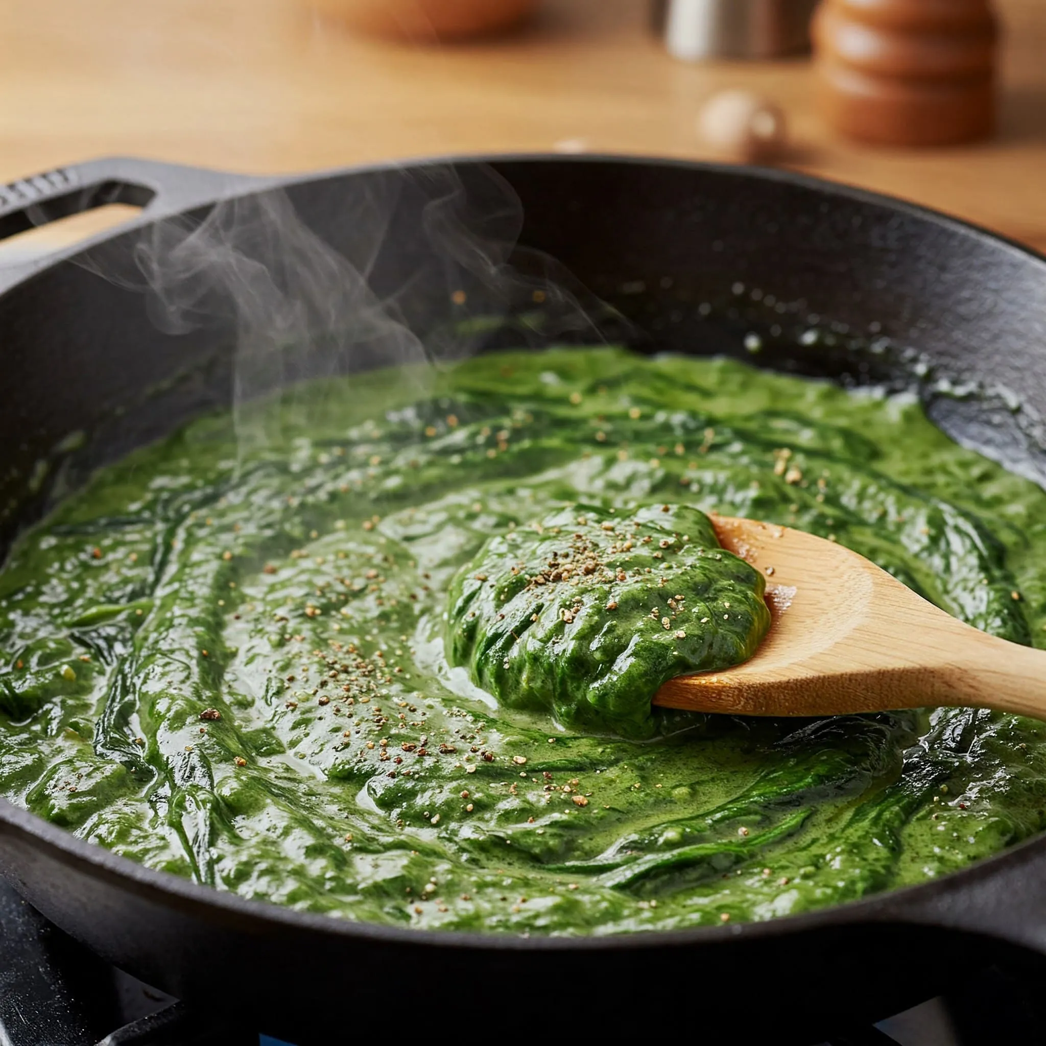 Creamy spinach simmering in a pan, seasoned with nutmeg, salt, and black pepper.