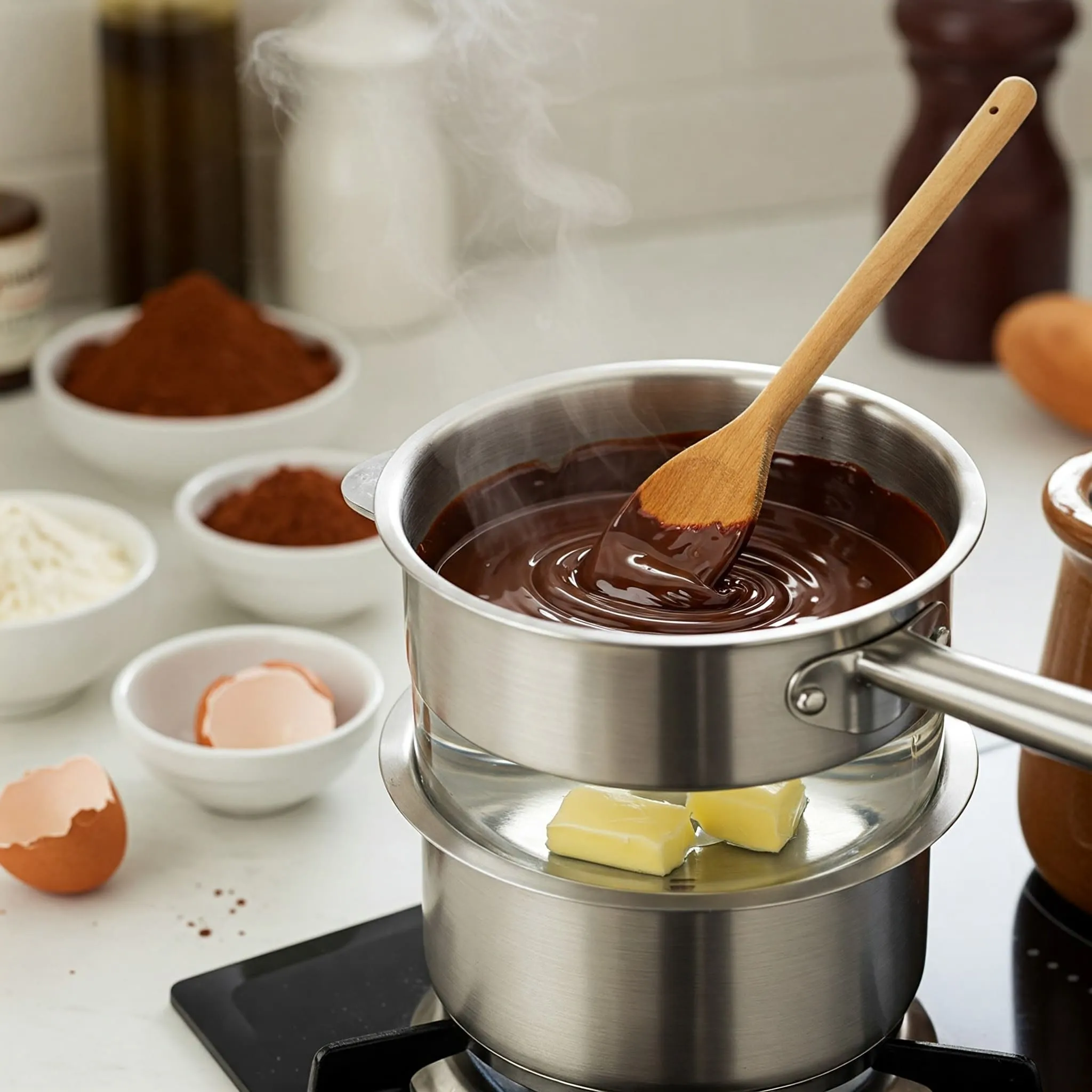 Melting chocolate and butter in a double boiler for lava cake.