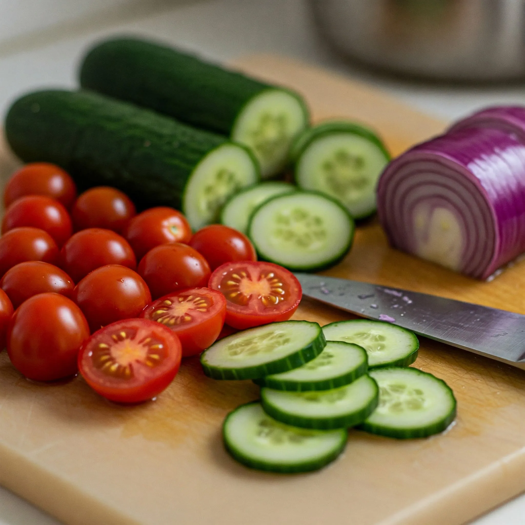 Sliced cucumber, cherry tomatoes, and red onion on a cutting board with a knife.