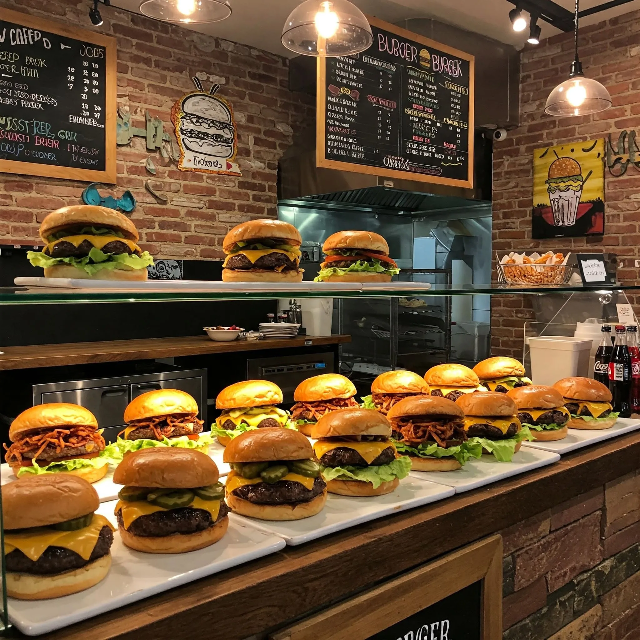 Cozy local burger joint with juicy gourmet burgers and happy customers enjoying their meals.