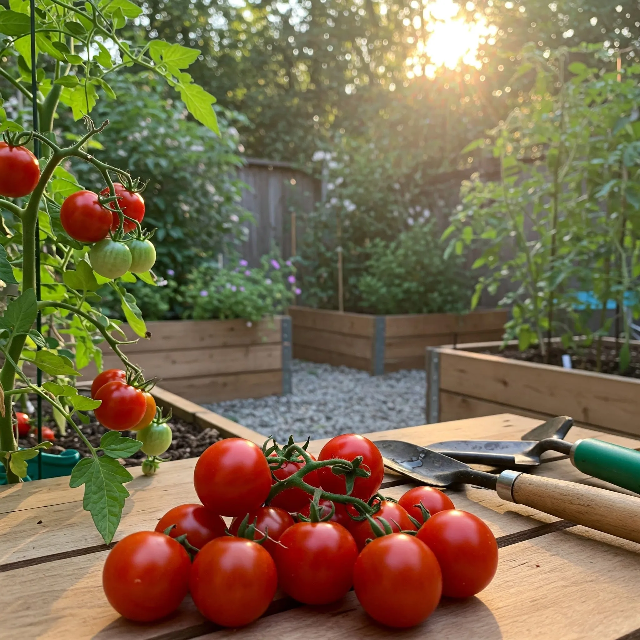 Home gardener harvesting ripe sweetie tomatoes in a lush backyard garden.