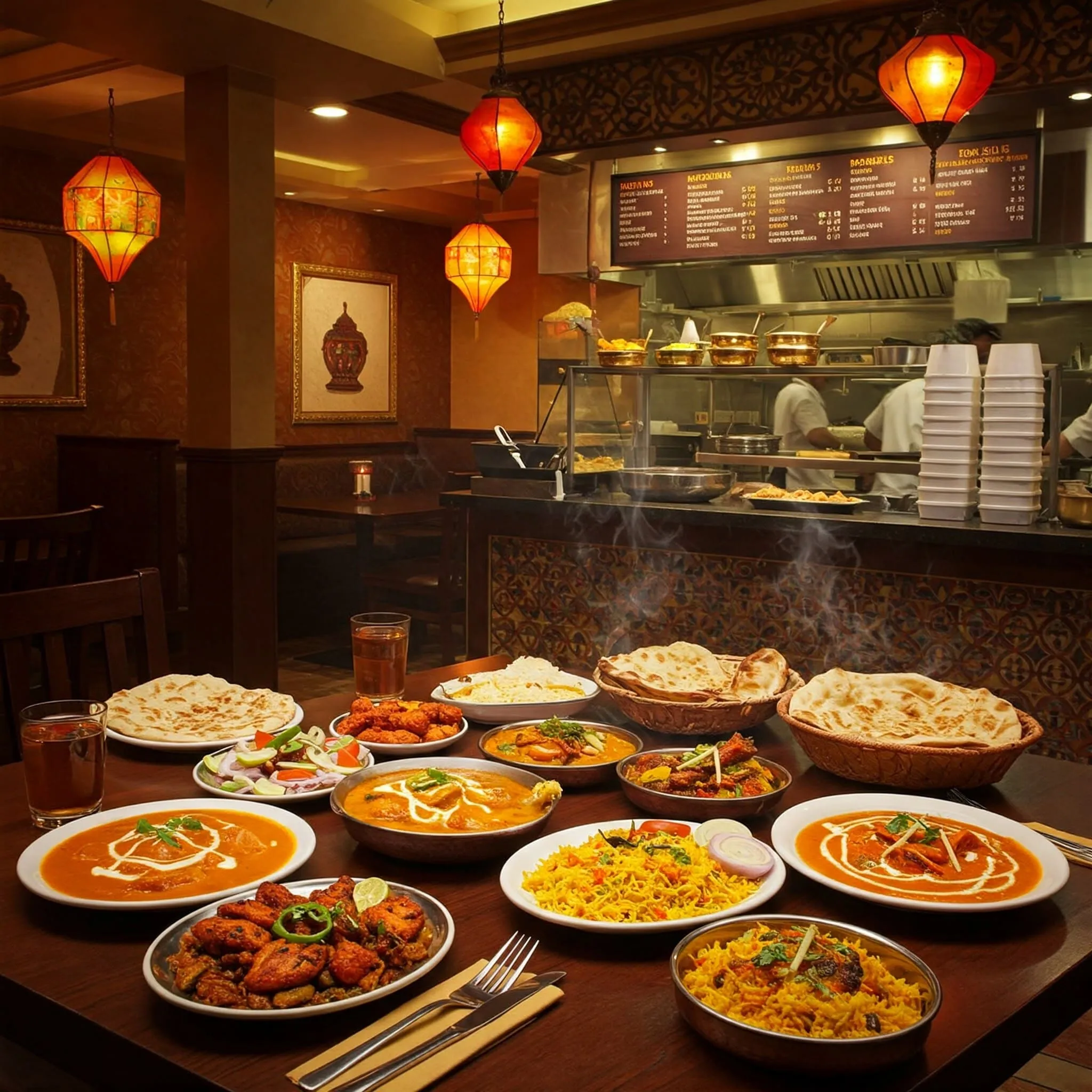 A cozy Indian restaurant with vibrant décor, serving authentic dishes like Butter Chicken, Rogan Josh, and Biryani.