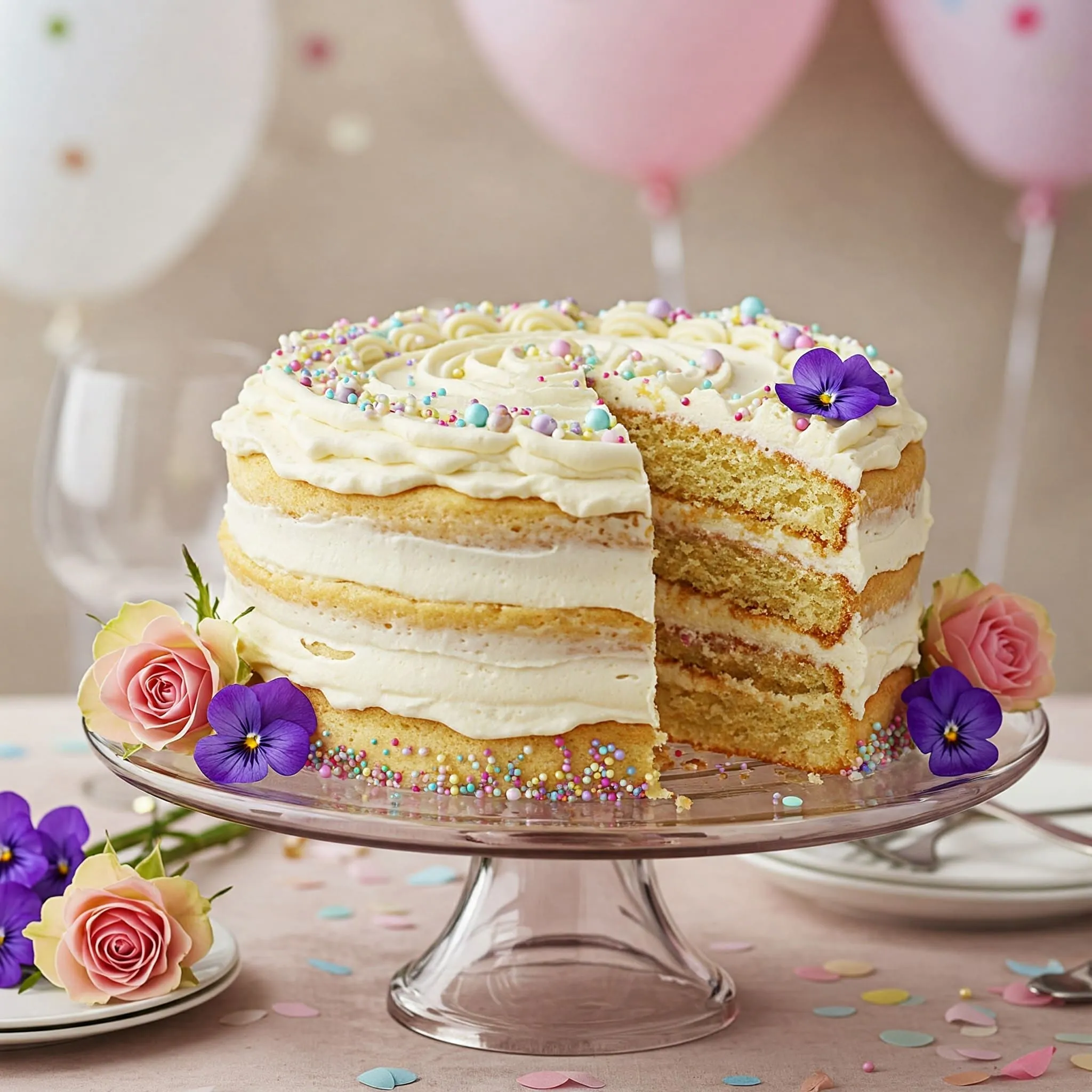 Vanilla birthday cake decorated with buttercream frosting, pastel sprinkles, and fresh flowers, placed on an elegant cake stand.