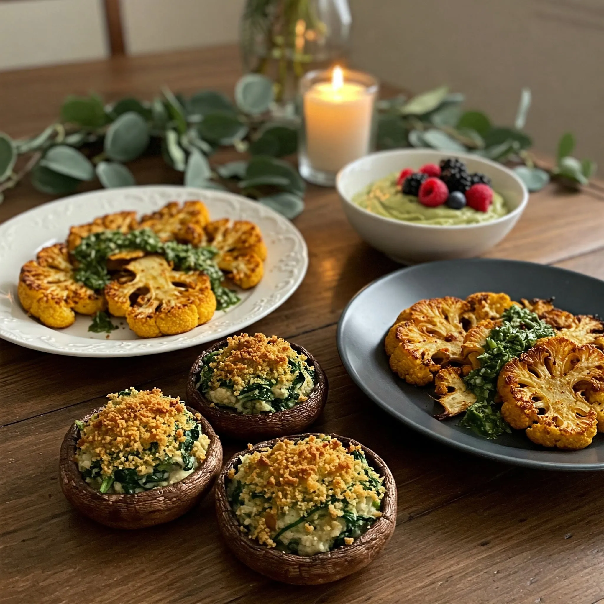 Vegan and vegetarian romantic dinner for two featuring Stuffed Portobello Mushrooms, Vegan Cauliflower Steaks, and Vegan Chocolate Avocado Mousse.