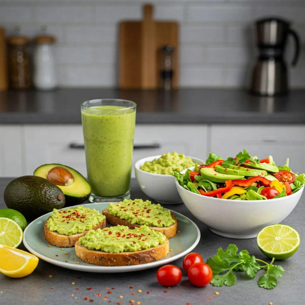 A variety of avocado dishes including avocado toast, salad, and smoothie on a bright kitchen counter with fresh ingredients.