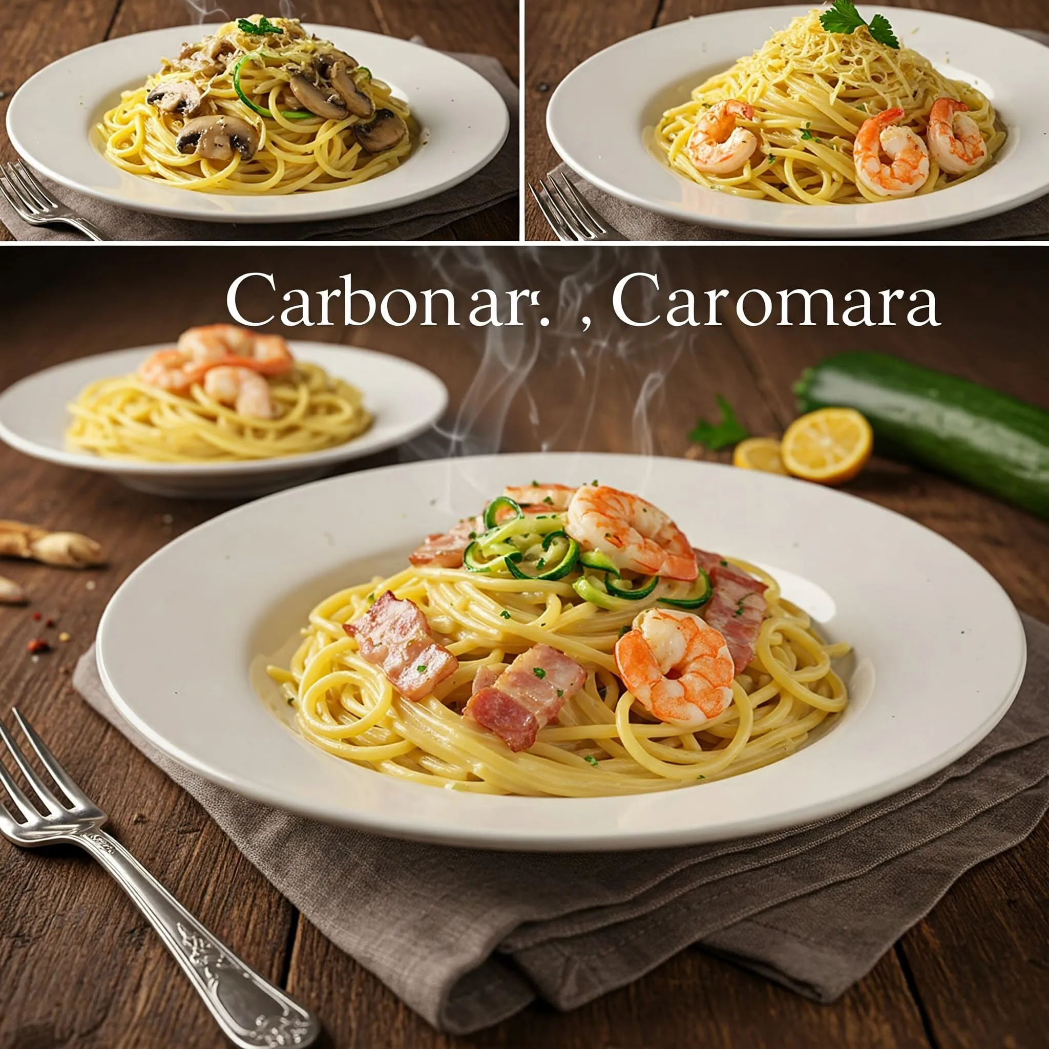 Customized Carbonara dishes with mushrooms, zucchini, shrimp, and crab variations.