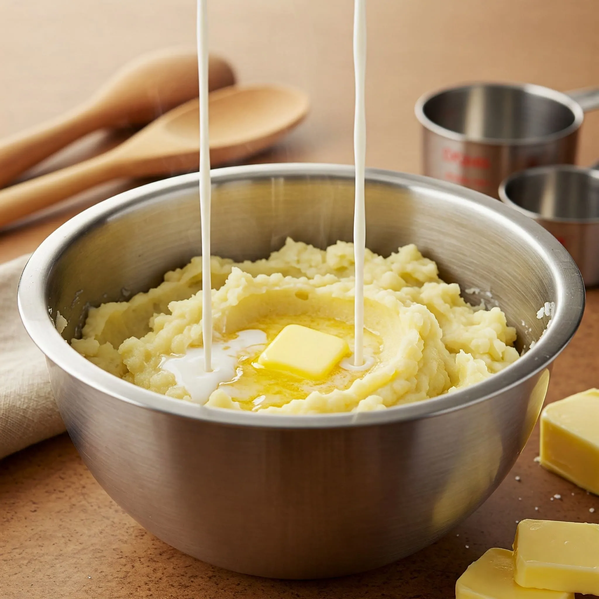 A close-up image of mashed potatoes being mixed with butter and cream, creating a smooth, creamy texture.nn