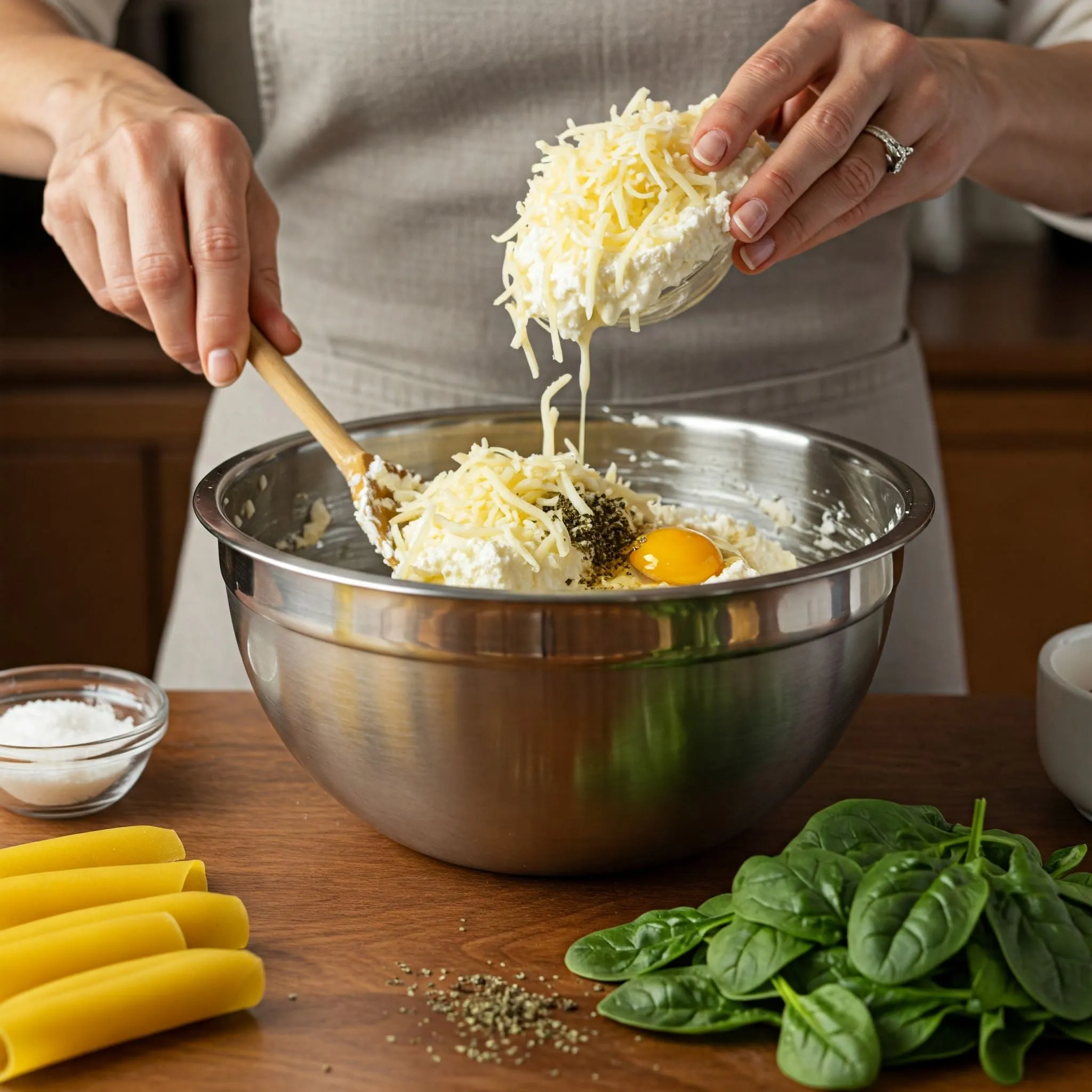 Cook preparing manicotti filling with ricotta, mozzarella, Parmesan, egg, garlic powder, oregano, and fresh spinach in a warm kitchen.nn