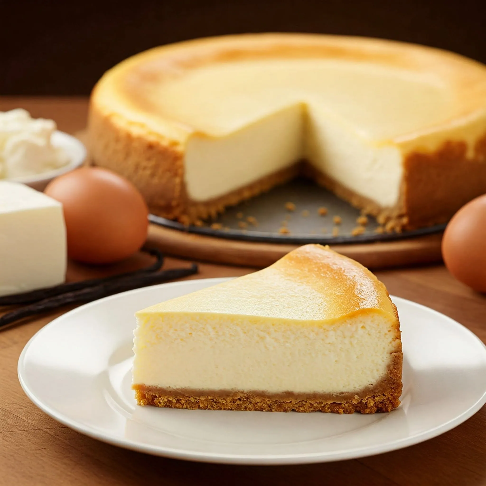 A creamy slice of Junior’s cheesecake with a golden graham cracker crust, served on a white plate with fresh ingredients in the background.