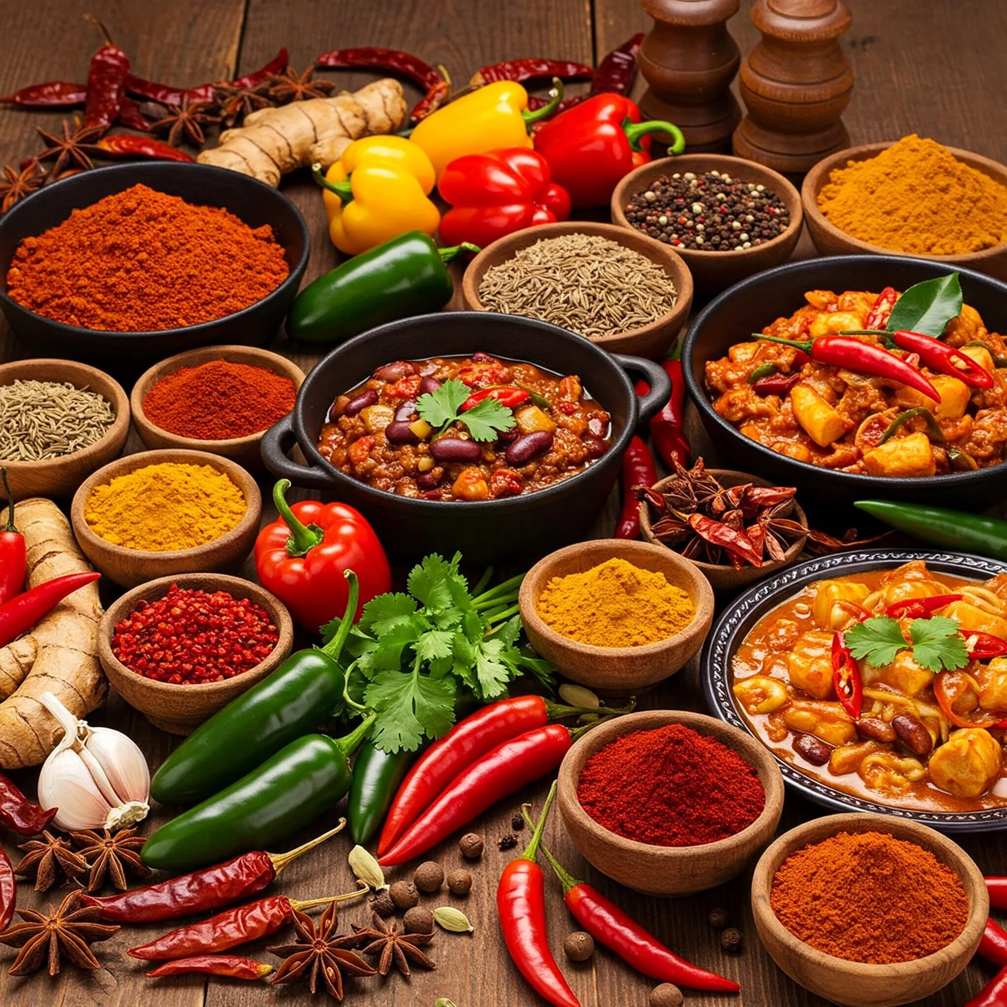 Assorted chili peppers, chili powders, and spices used in global cuisines like Mexican, Indian, and Thai dishes.