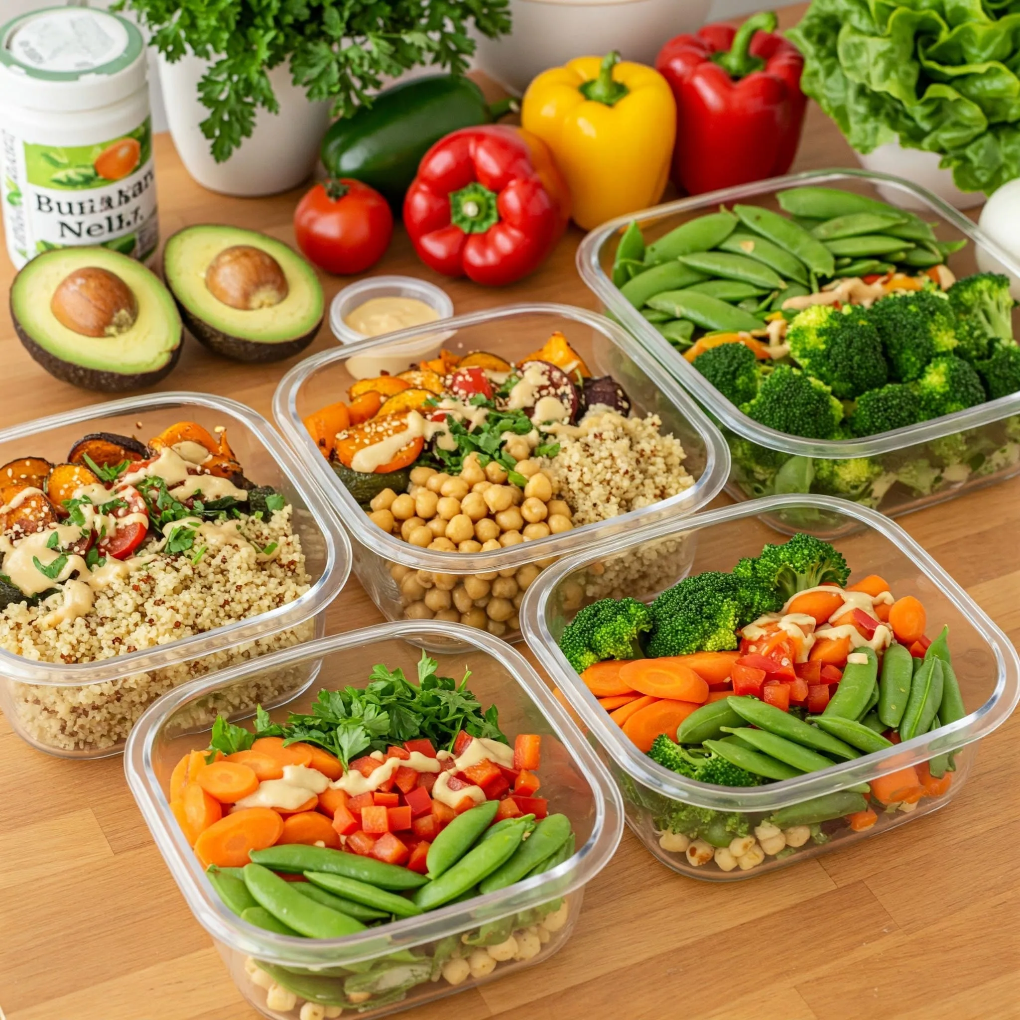 Vegan meal prep containers with quinoa, chickpea salad, and vegetable stir-fries.