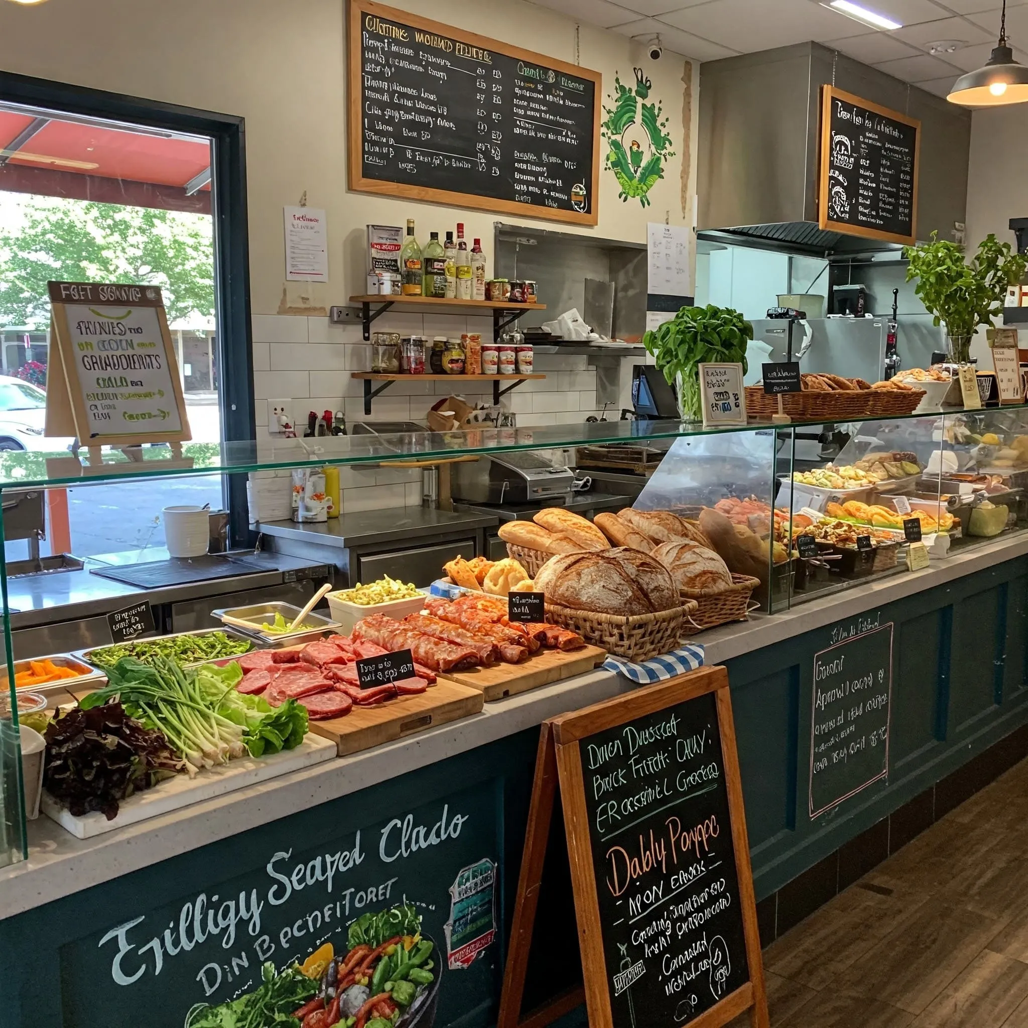 A welcoming local fast food restaurant offering fresh ingredients and healthier meal options, with staff serving customers in a cozy, community-focused atmosphere.