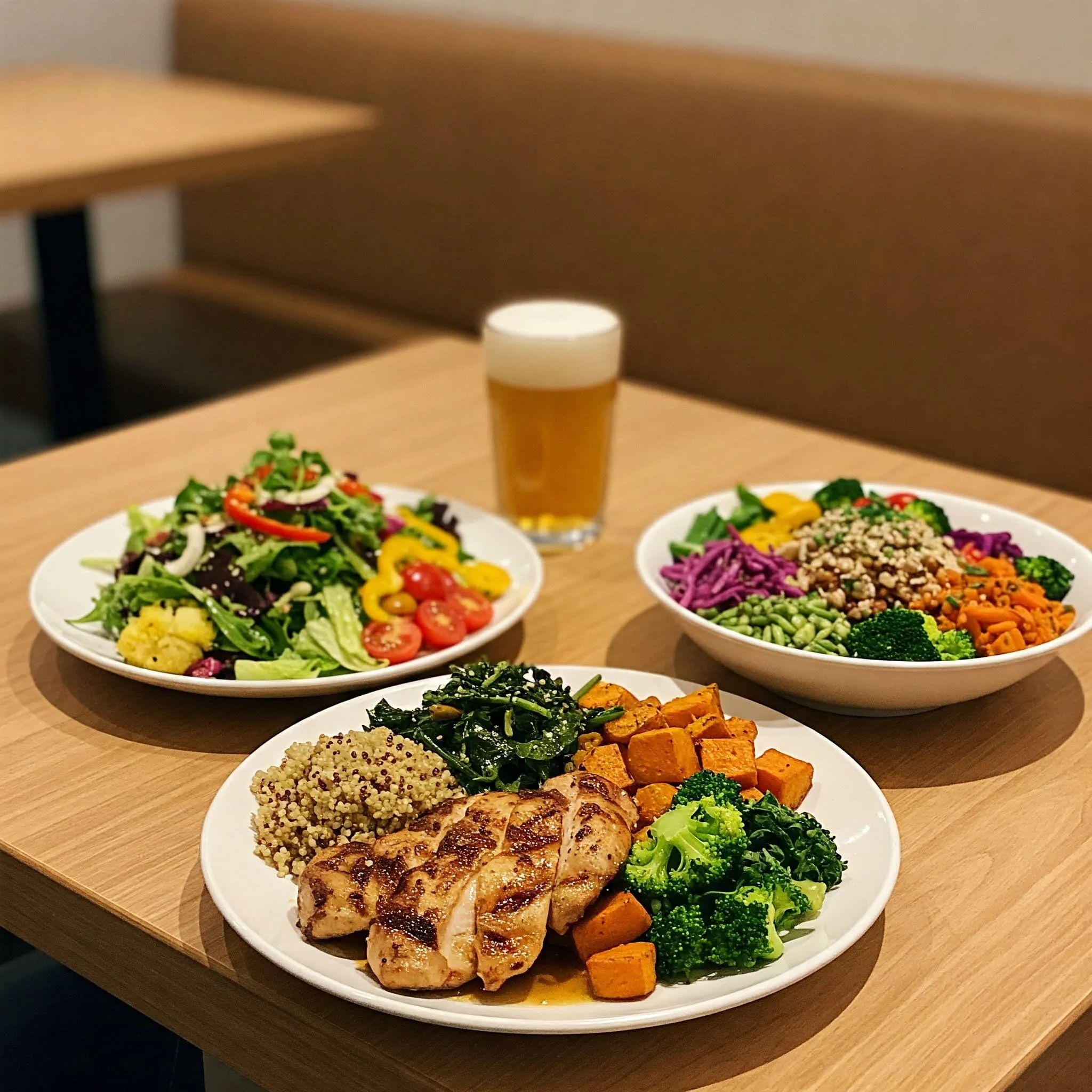 Healthy balanced diet meals served in a modern restaurant, including grilled chicken with vegetables, a fresh salad, and a vegetarian grain bowl.