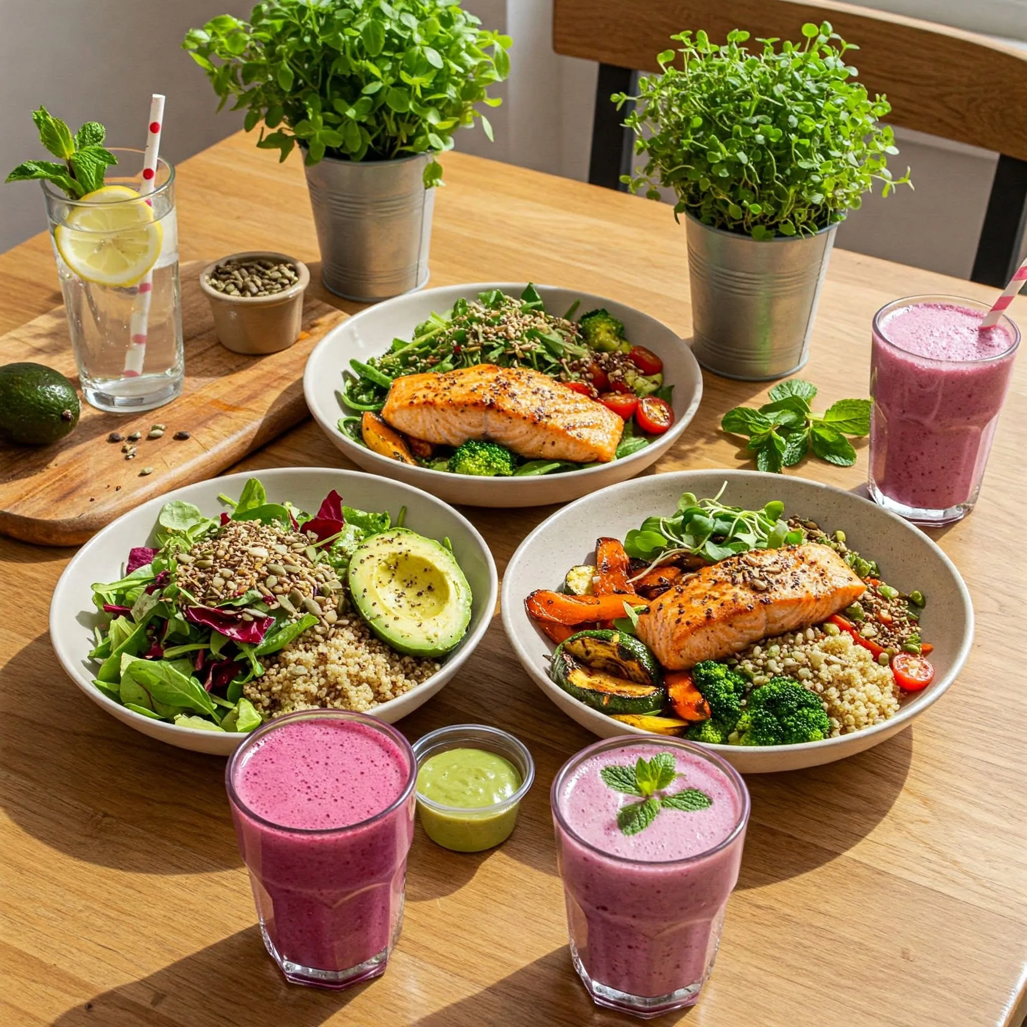 A colorful assortment of healthy balanced diet meals, including fresh salads, grilled salmon, quinoa bowls, and smoothies, arranged on a wooden table.