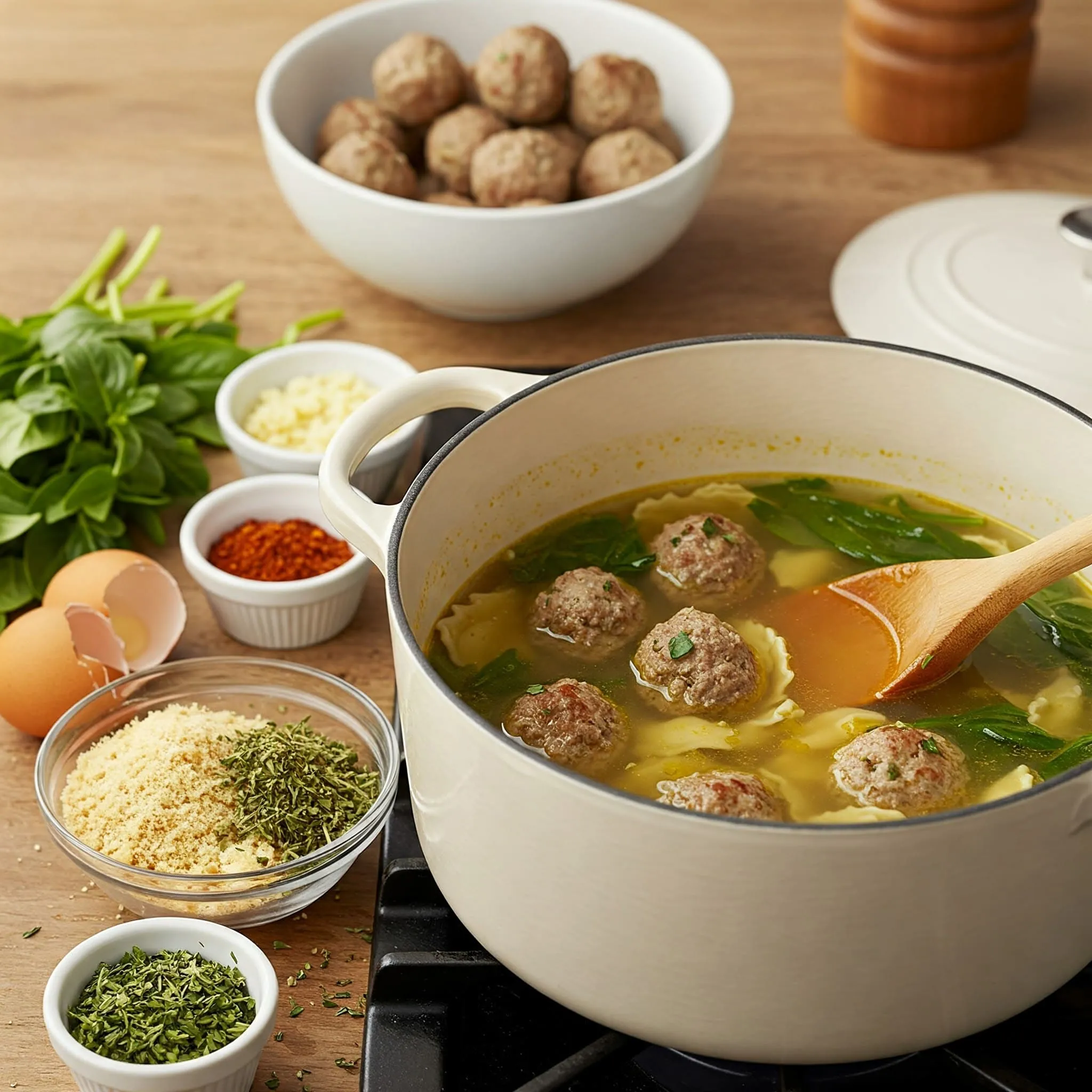 A beginner-friendly kitchen scene showing a pot of Italian Wedding Soup with meatballs, spinach, and pasta, with ingredients neatly arranged on the counter.