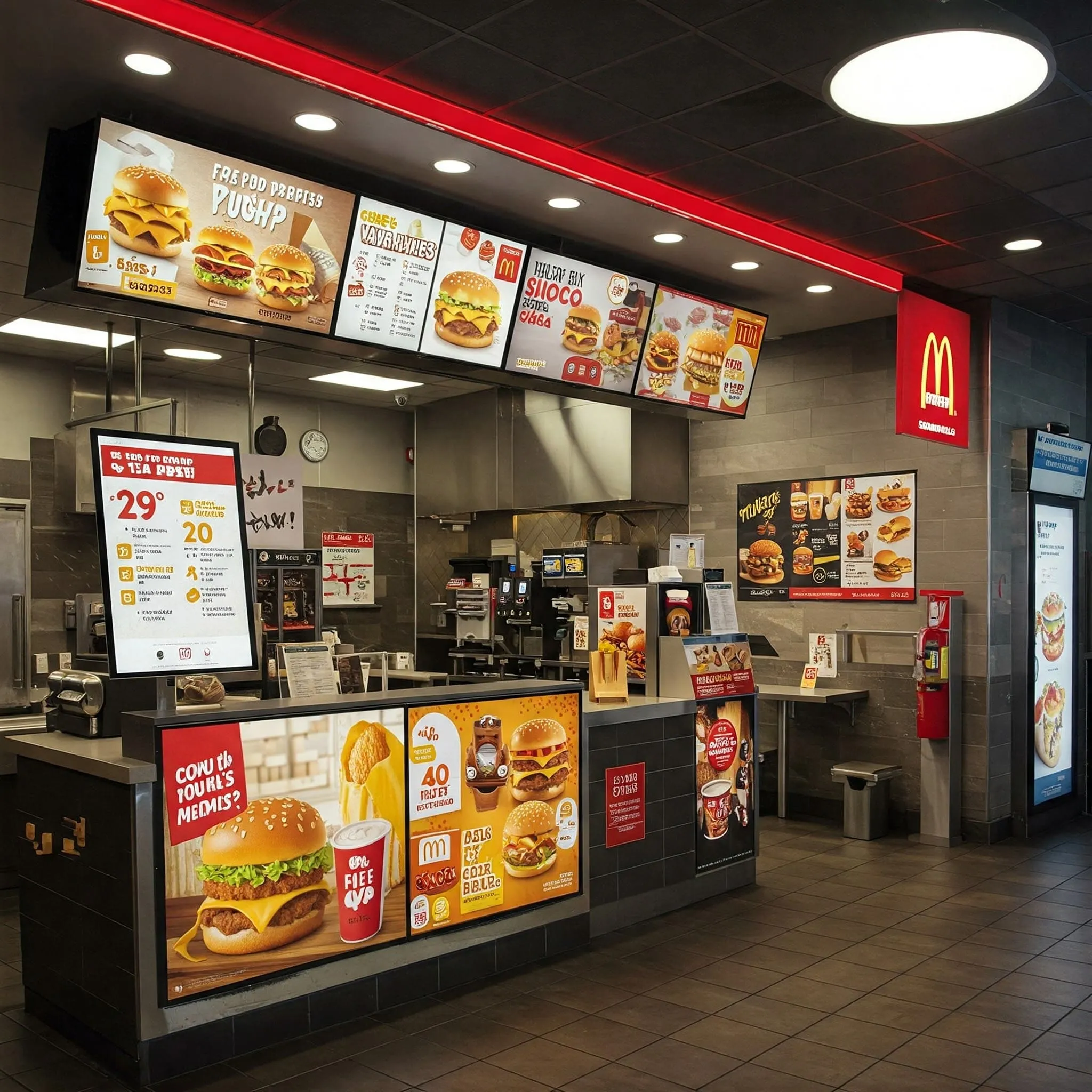 Interior of a fast food restaurant showcasing promotions from McDonald's, Burger King, Wendy's, and Chick-fil-A with various meal deals.