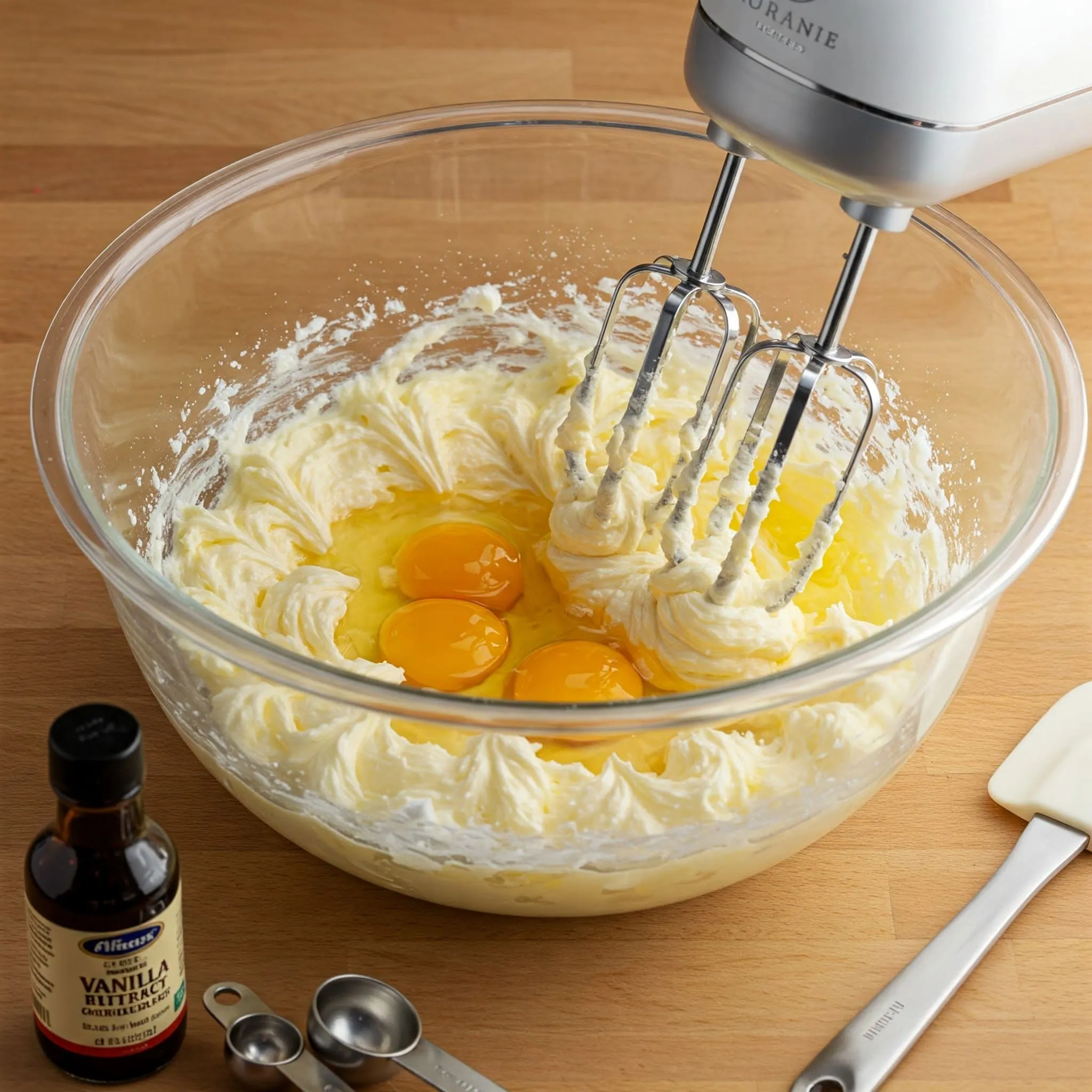 A mixing bowl with butter, sugar, and eggs being creamed together for a vanilla birthday cake recipe.