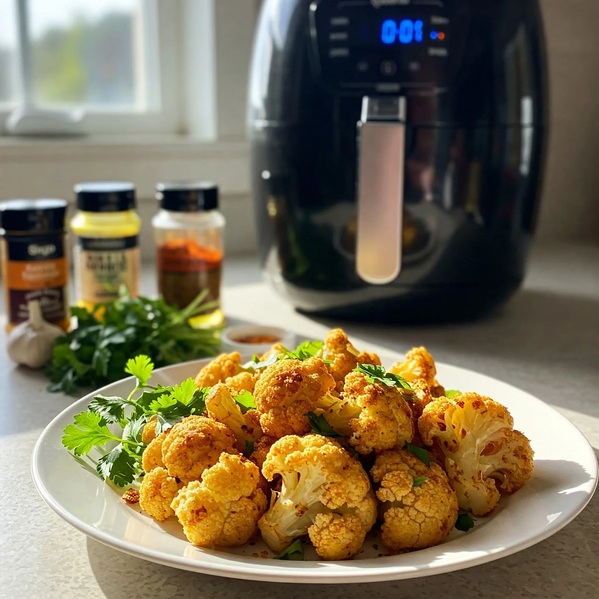 Crispy air fryer cauliflower seasoned with garlic, turmeric, and paprika, served with fresh herbs and seasonings.