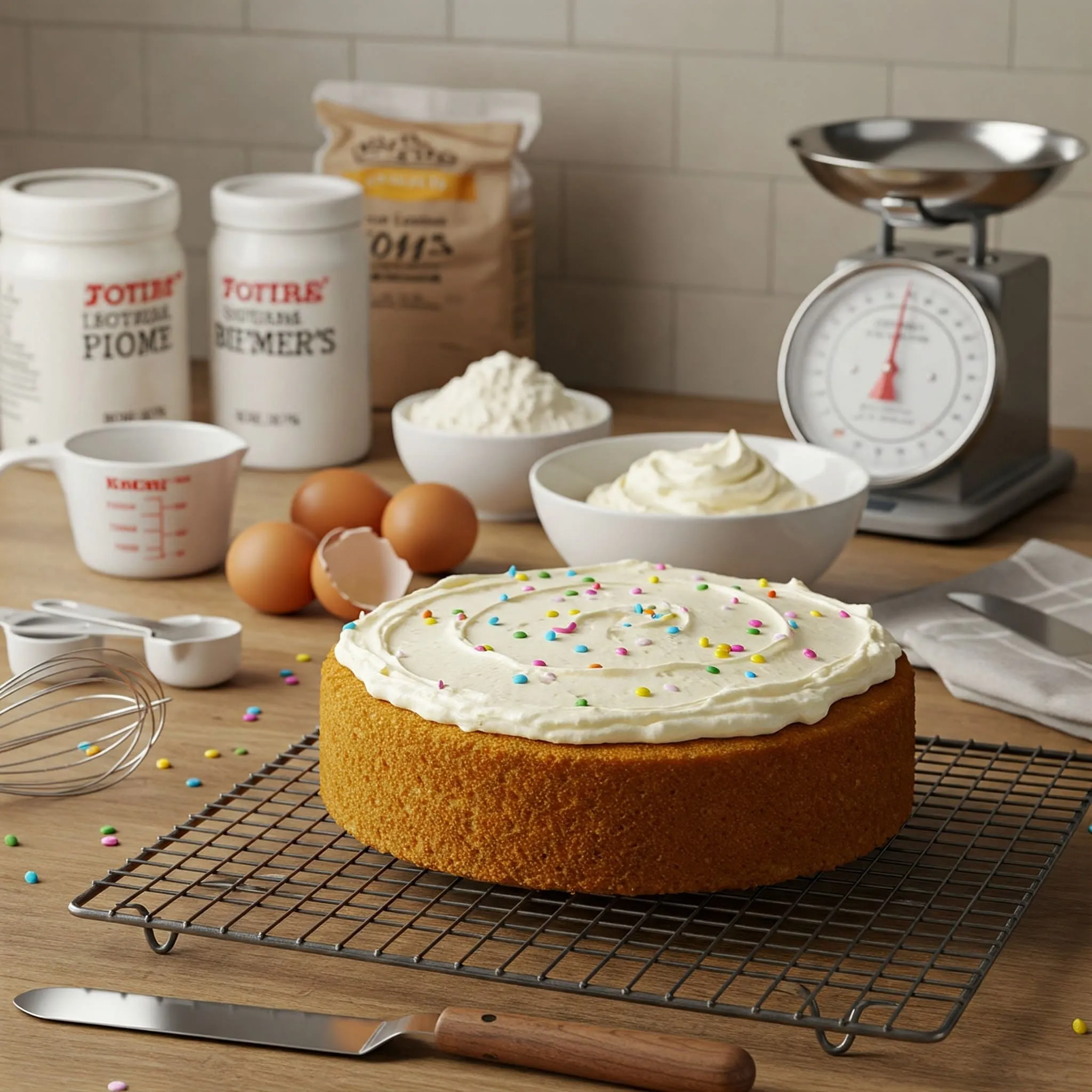 Fluffy birthday cake cooling on a rack with baking tools like measuring cups, a kitchen scale, and frosting ready for decorating.