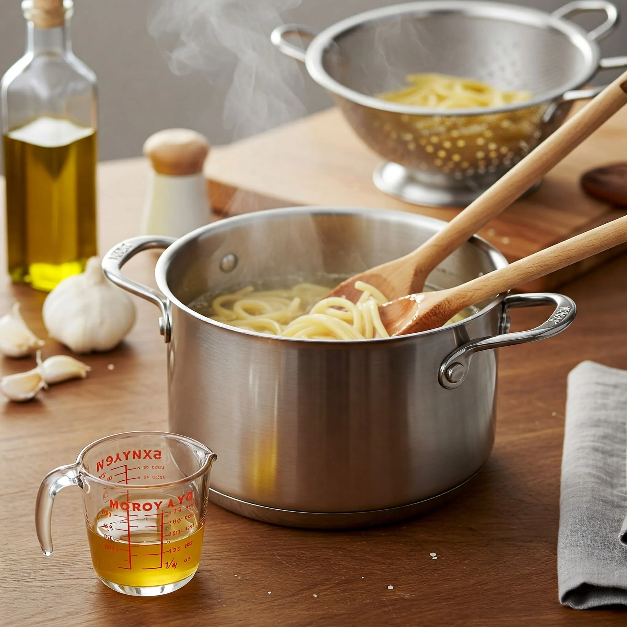 Pot of boiling water with pasta being stirred, with a small measuring cup of reserved pasta water next to a colander.