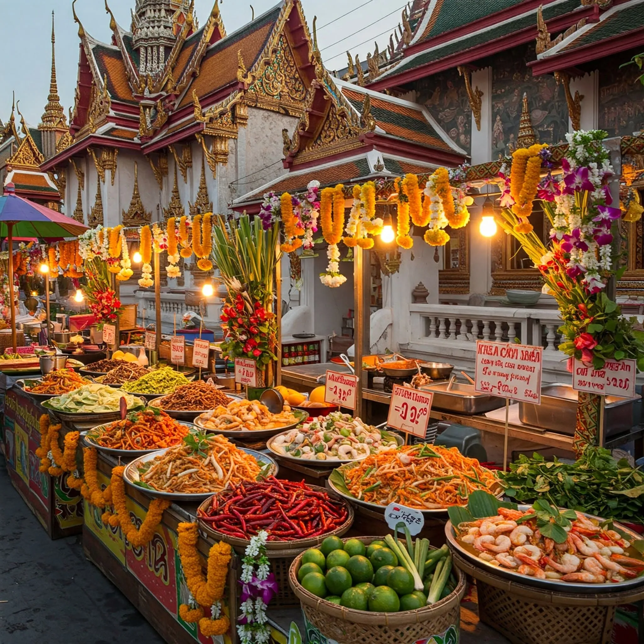 Traditional Thai food market showcasing Pad Thai, Tom Yum Soup, Green Curry, and Mango Sticky Rice with vibrant ingredients and decorations.