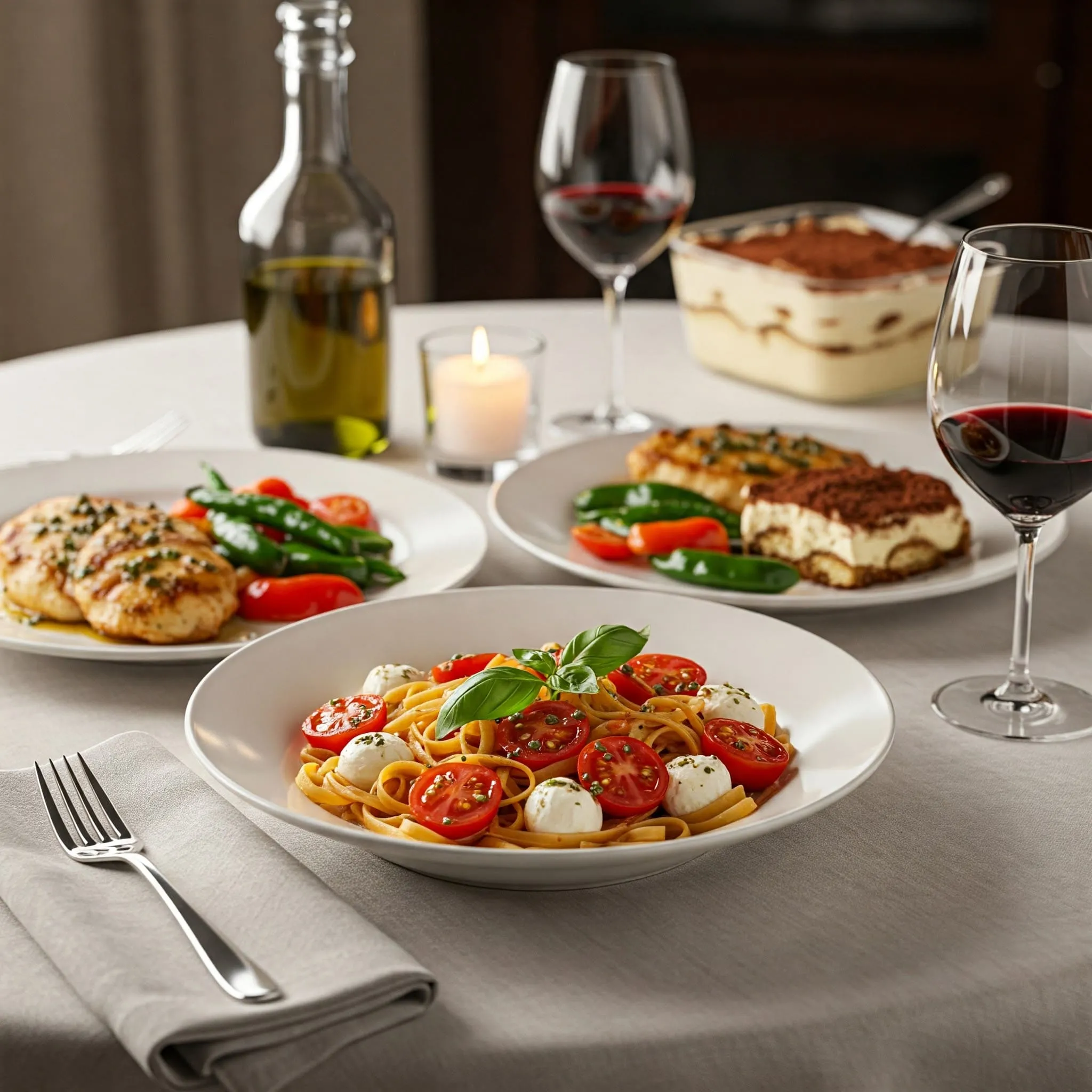  Romantic Italian dinner for two at home with Pasta alla Caprese, Chicken Piccata, and Tiramisu.