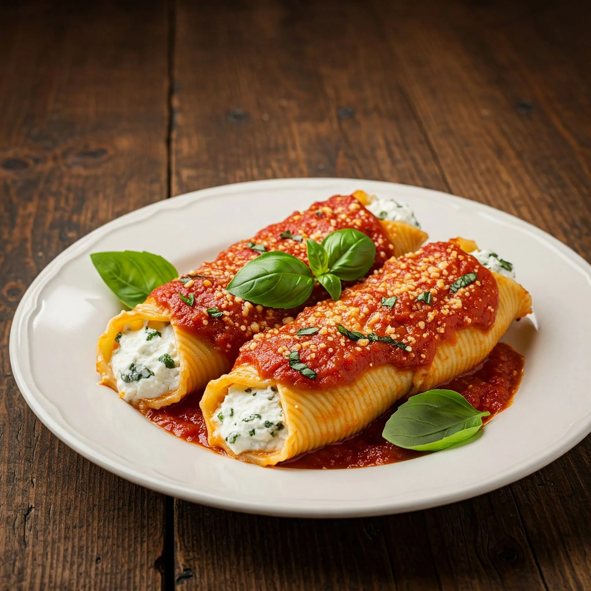 Delicious manicotti stuffed with ricotta and mozzarella cheese, topped with marinara sauce and fresh basil.