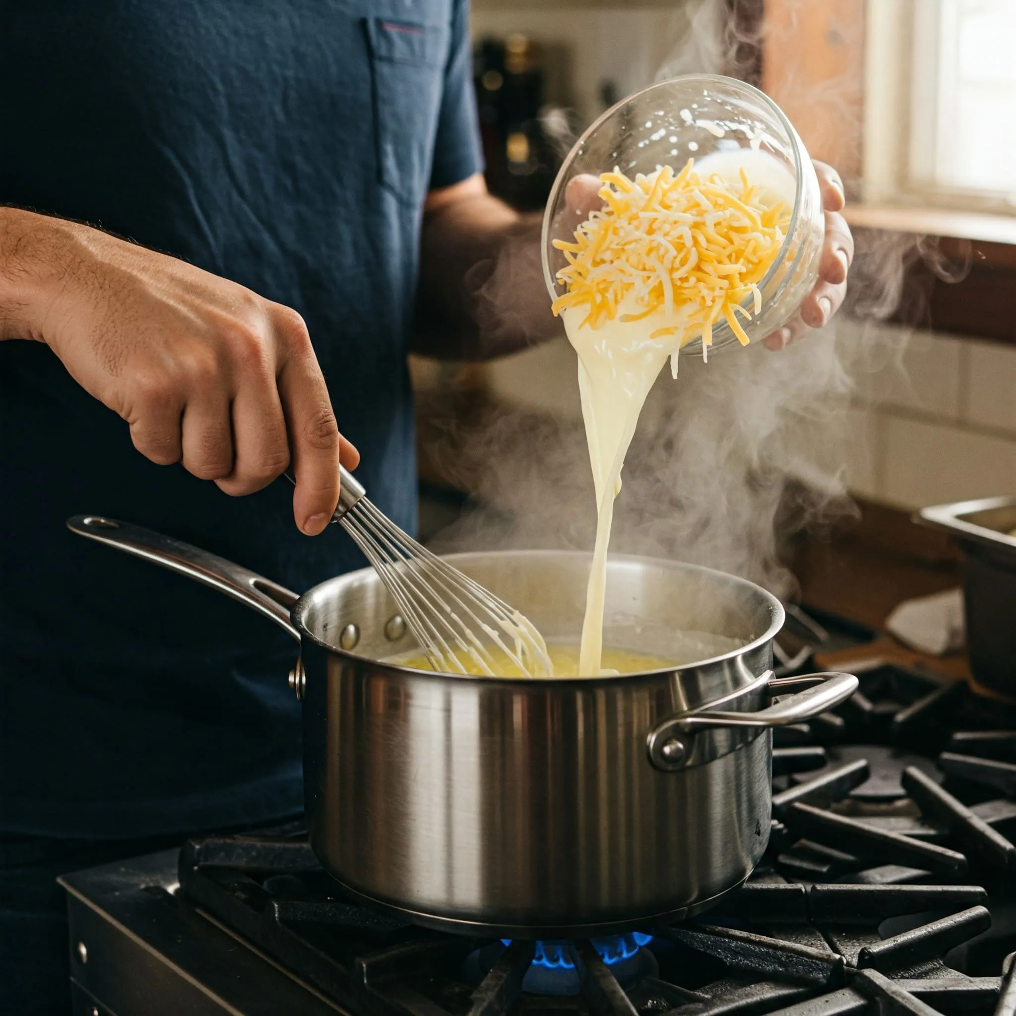 Making creamy cheese sauce in a saucepan with butter, flour, milk, and cheese.