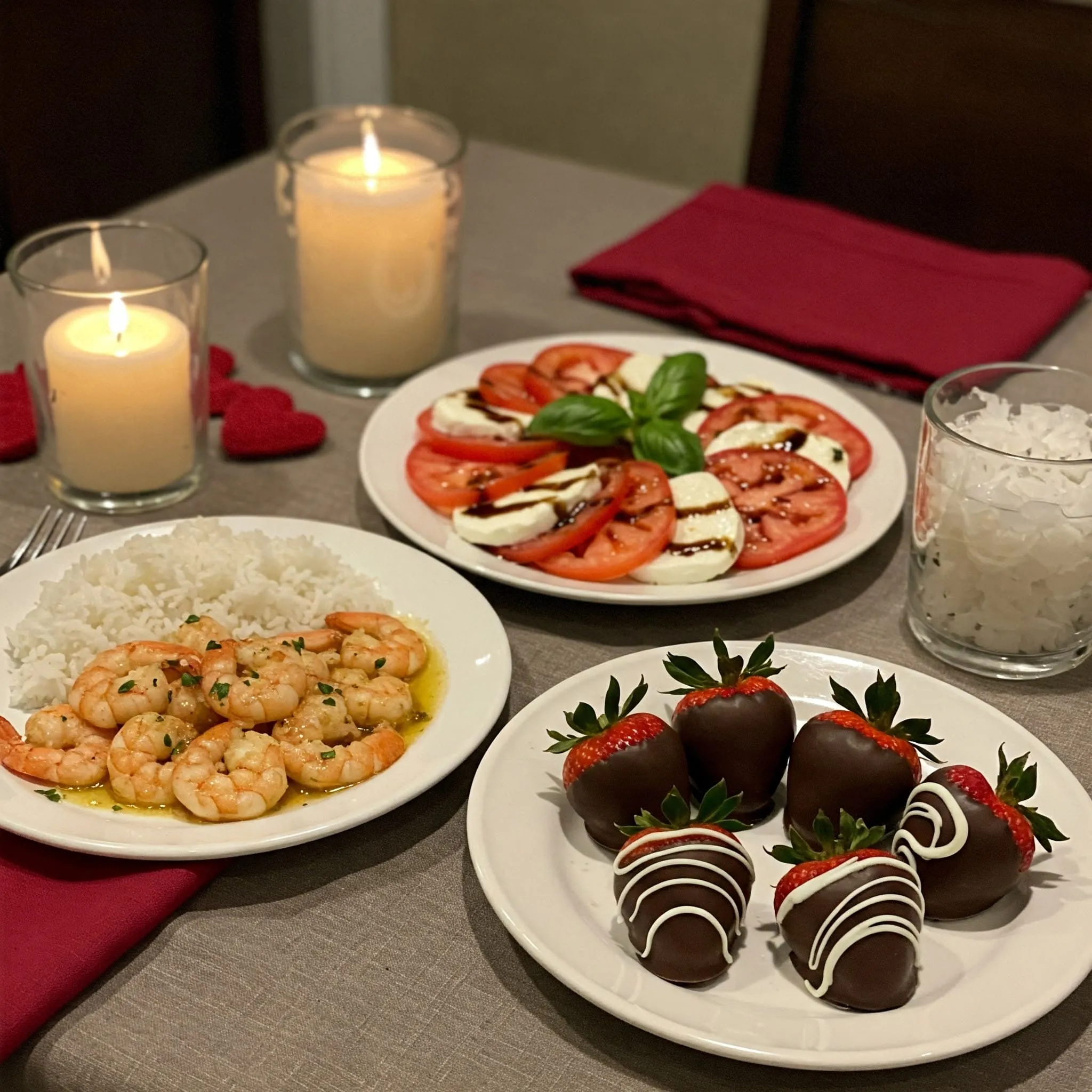 A romantic dinner for two at home featuring shrimp scampi, a caprese salad with balsamic glaze, and chocolate-dipped strawberries, set in an intimate, cozy atmosphere.