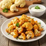 Crispy air fryer cauliflower florets with paprika and parsley, served with dipping sauce.