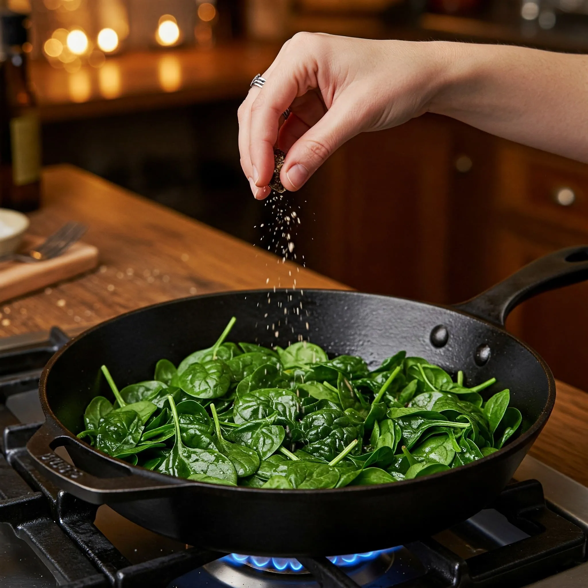 Sautéing spinach with salt and pepper in a skillet.