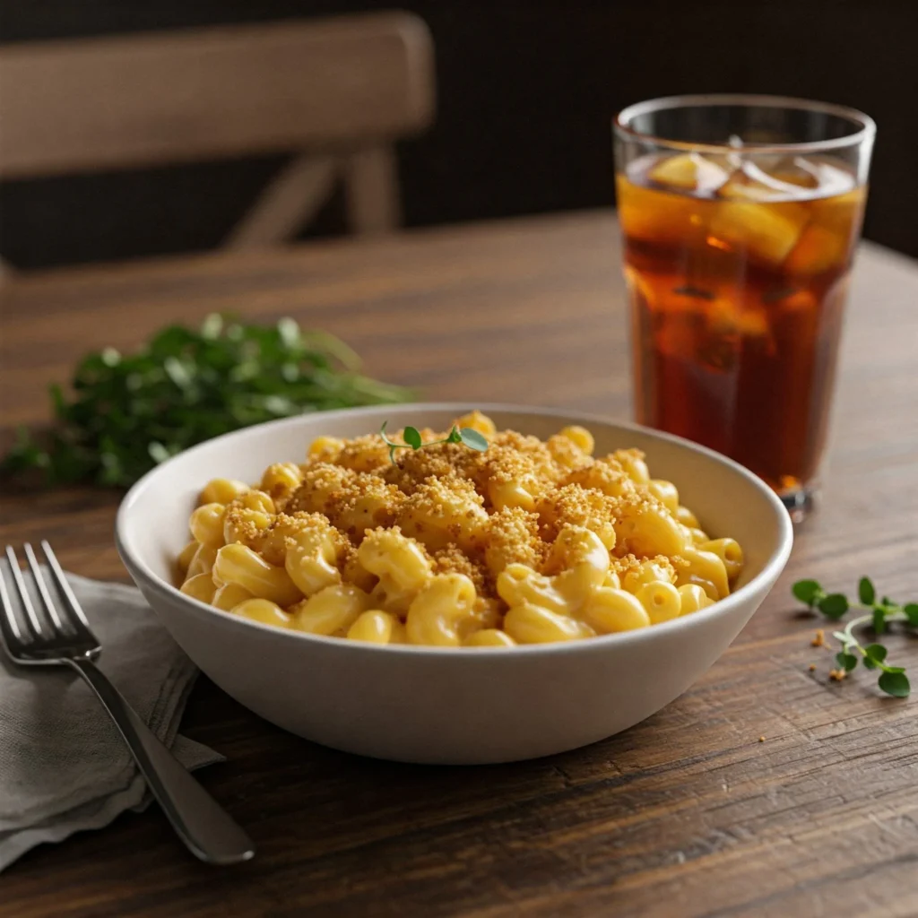 Creamy mac and cheese with a golden crispy crust and fresh herbs, served on a rustic wooden table.