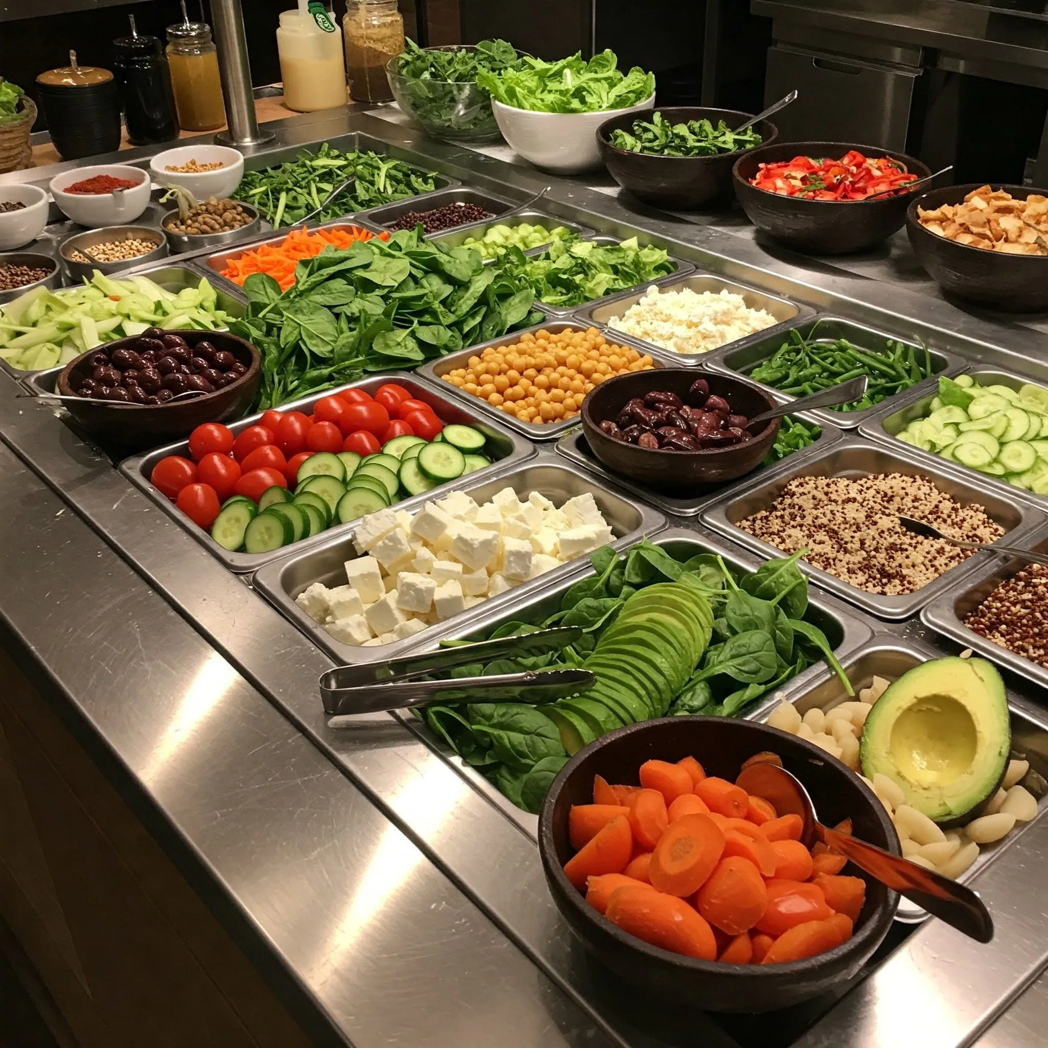 A vibrant salad bar featuring fresh, colorful ingredients like leafy greens, tomatoes, cucumbers, avocado, grilled chicken, and various toppings.