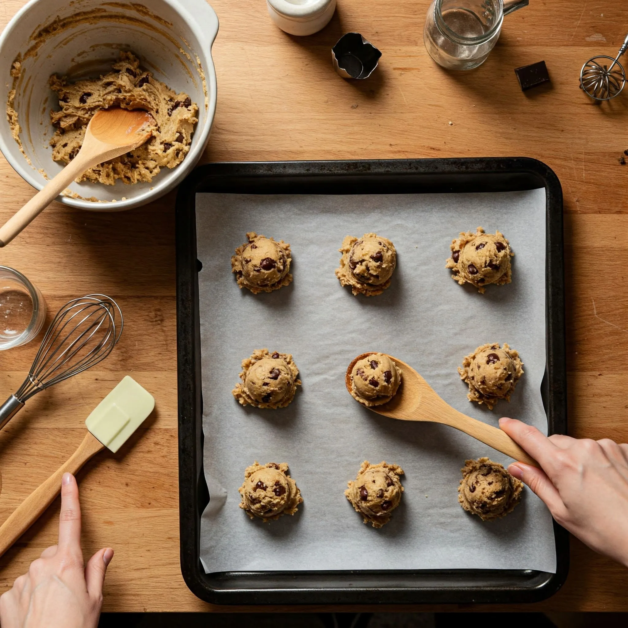 Tabletop view of chocolate chip cookie dough balls on a parchment-lined baking tray with space between each one.