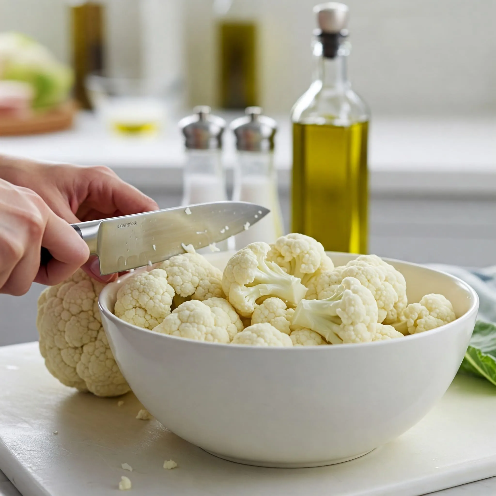 Fresh cauliflower being cut into bite-sized florets and placed into a large mixing bowl, ready for seasoning and roasting.nn